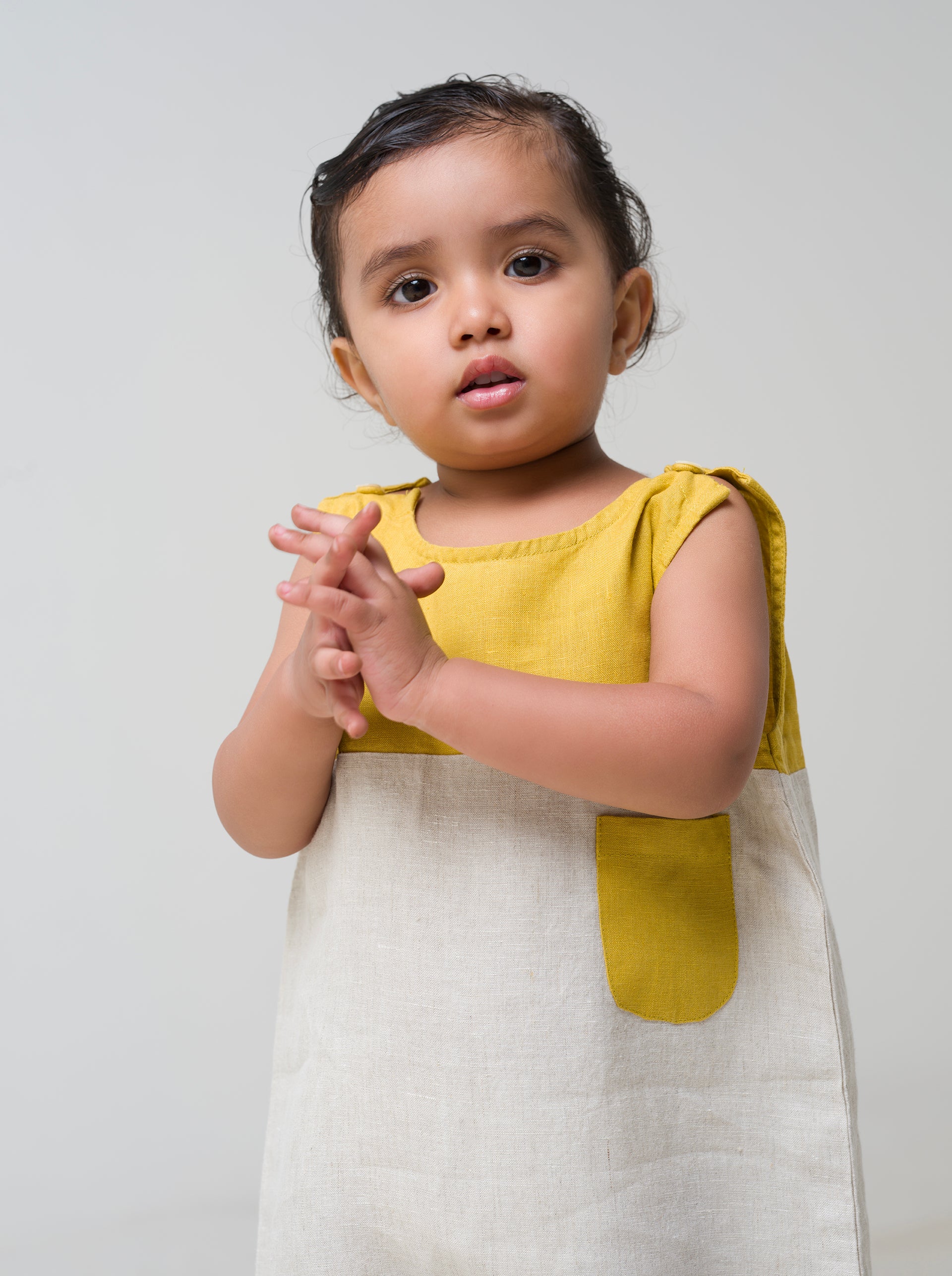 2 Colour Romper - Cookie & Cream - Yoke & Pocket - Mustard Yellow