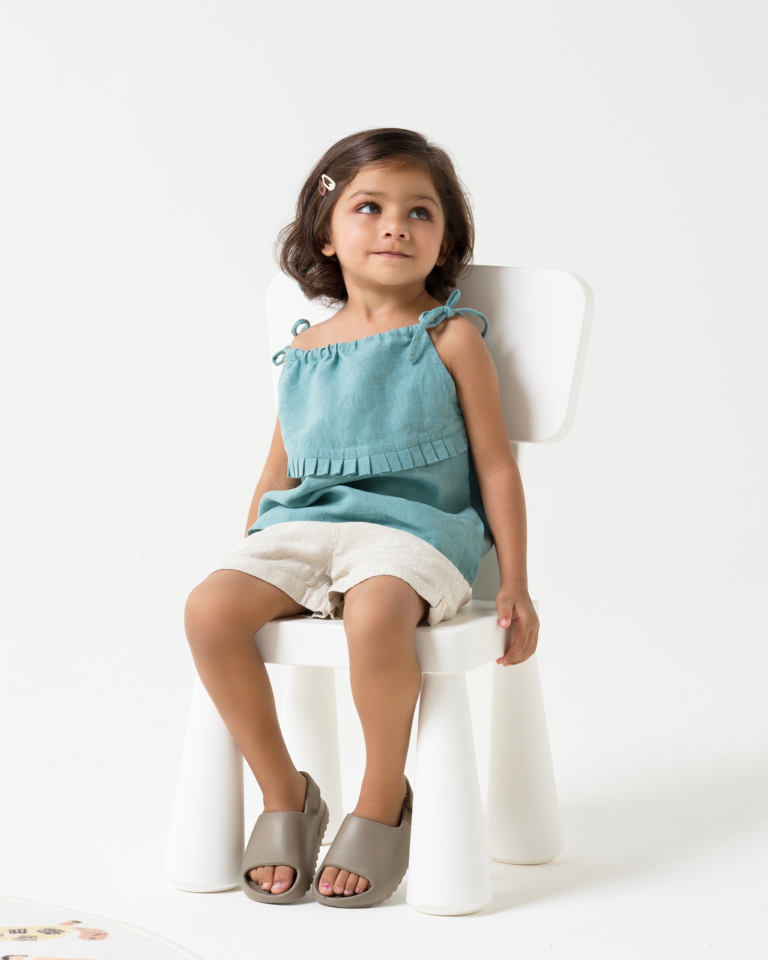 Linen tie strap pleated co-ords set T - Pine Green B - Cookie & Cream