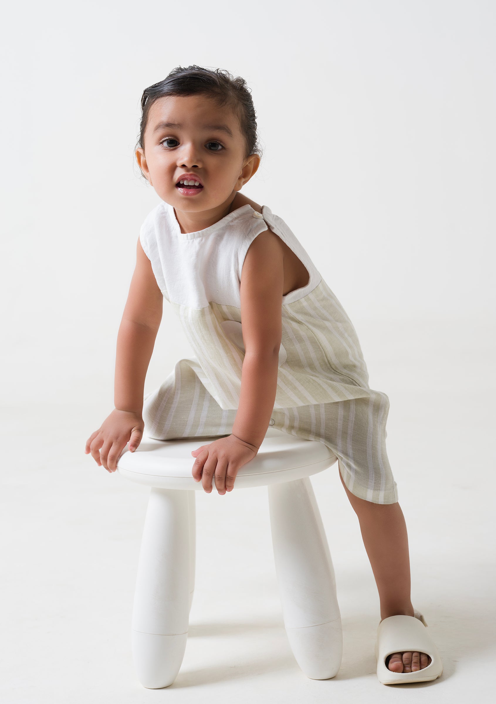 2 Colour Romper - Beige Double Stripe - Yoke & Pocket - White