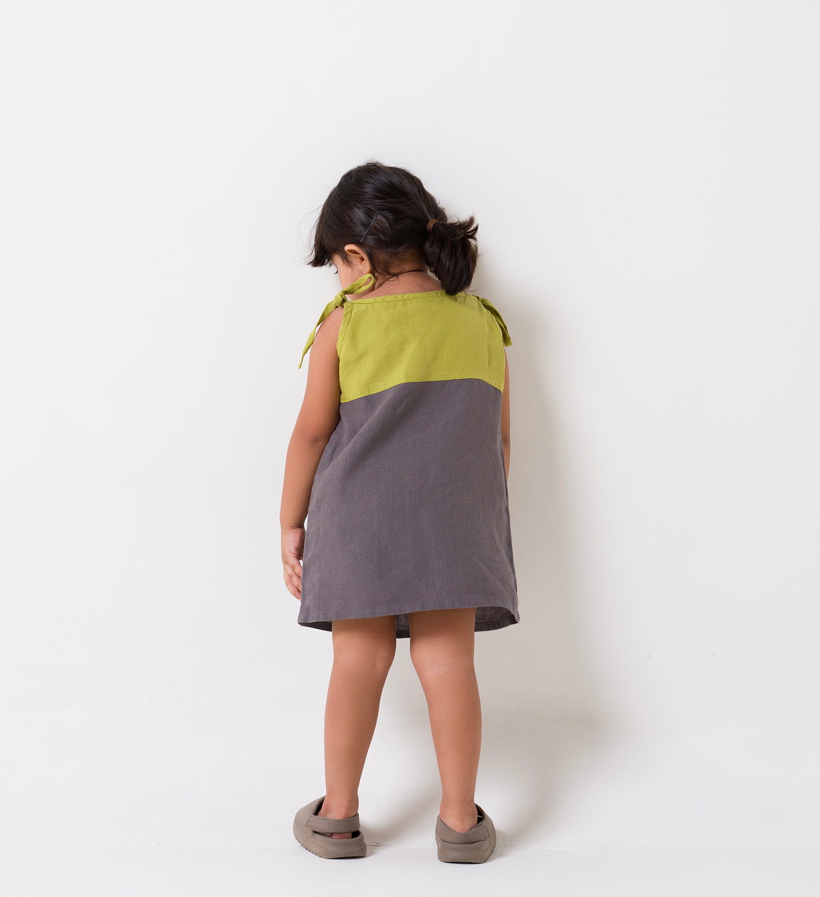 2 Colours Tie-up Frock Yoke - Kiwi Green Frock - Stone Grey