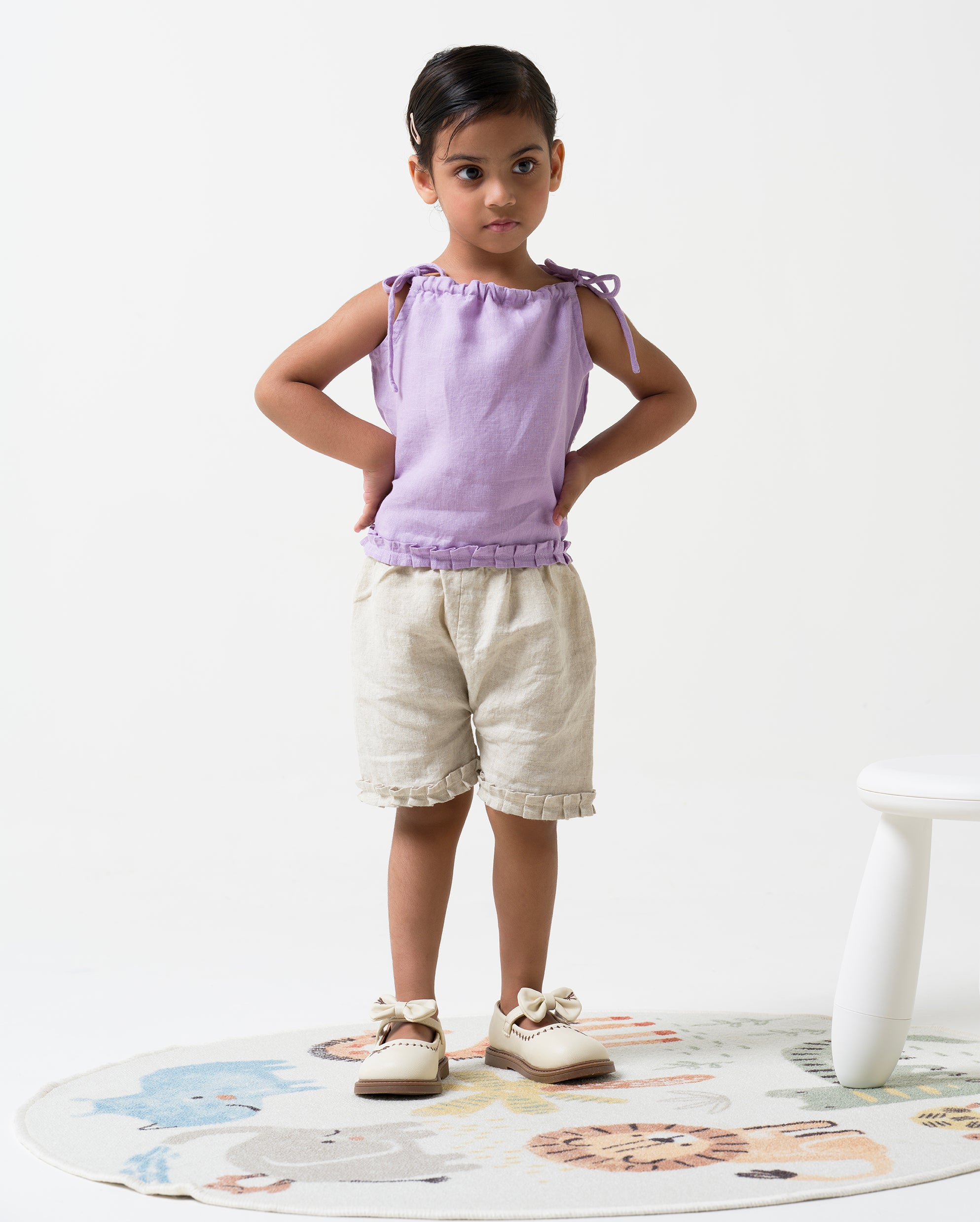 Linen Strap Ruffle Co-ords Set Top - Lavender B- Cookie & Cream