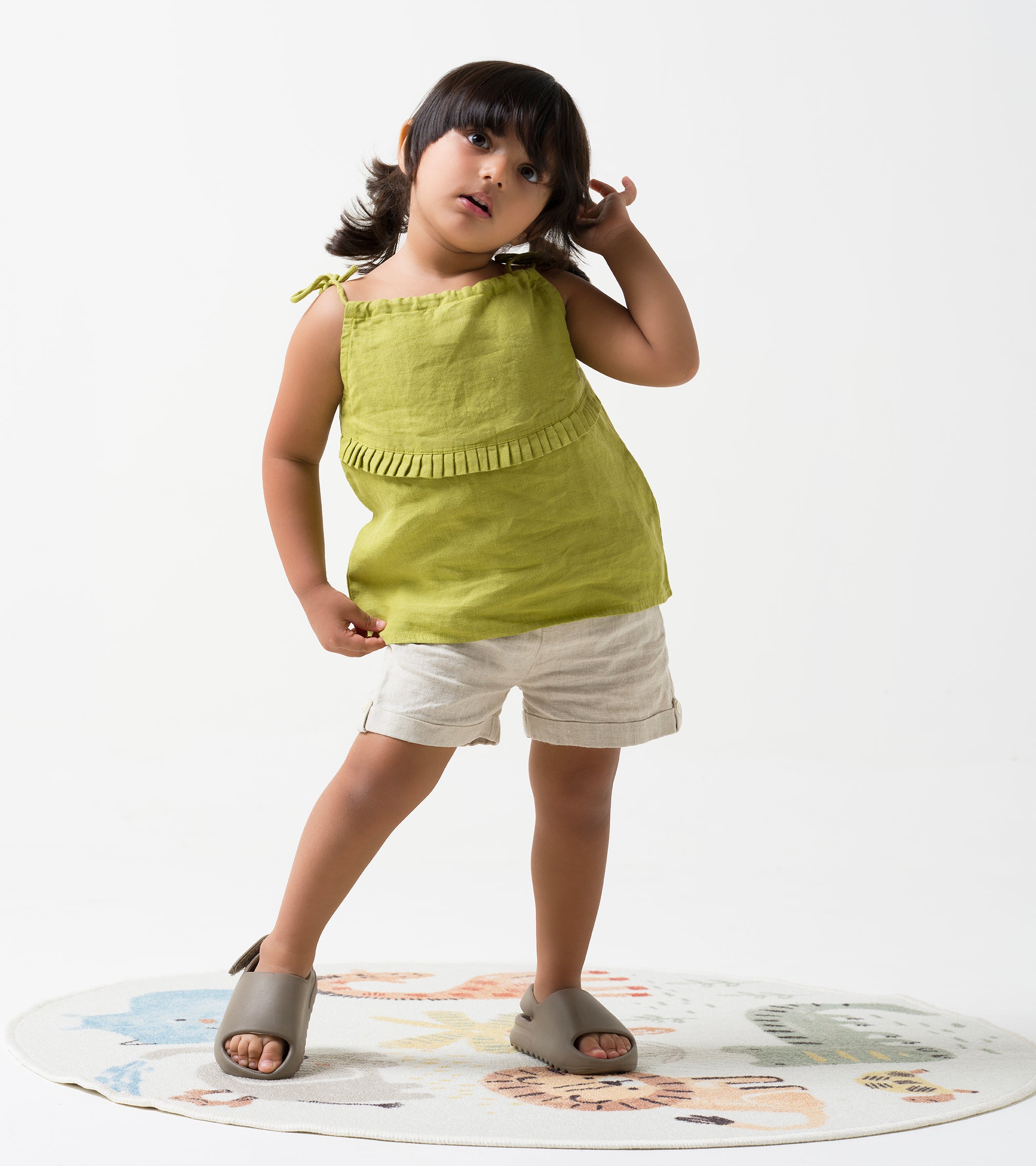 Printed Tie-Strap Pleated Co-Ord Set T - Kiwi Green  B - Cookie & Cream