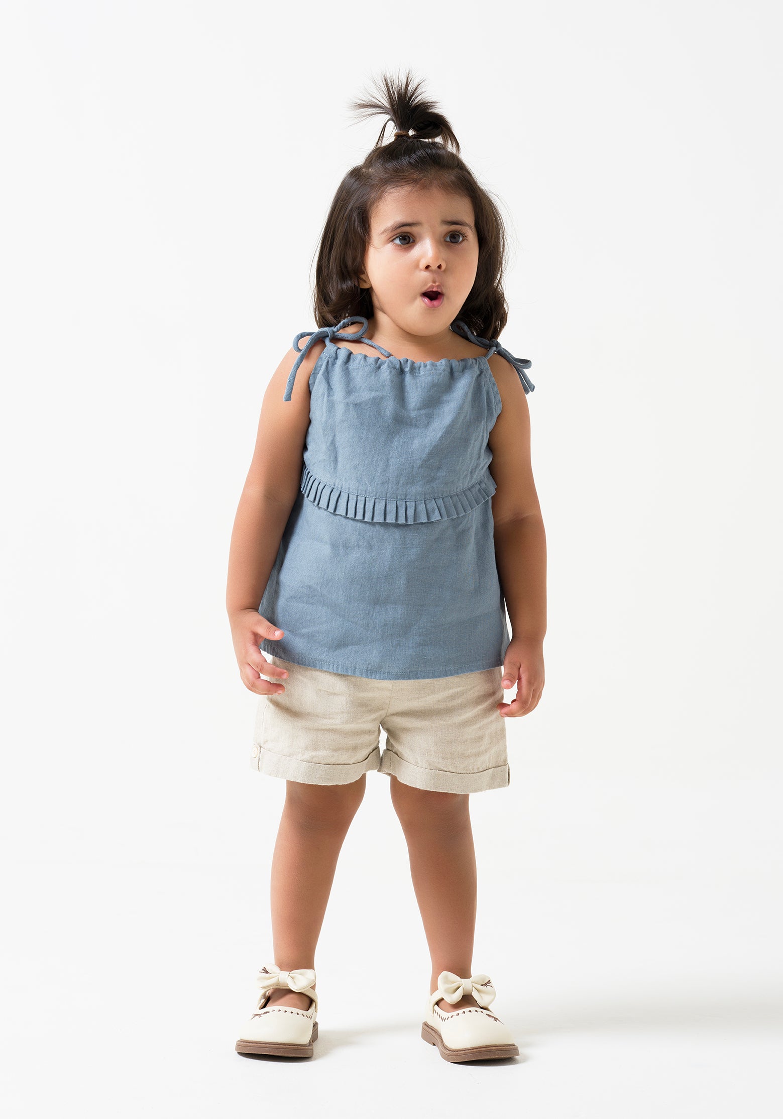 Linen tie strap pleated co-ords set T - Airforce Blue - B - Natural