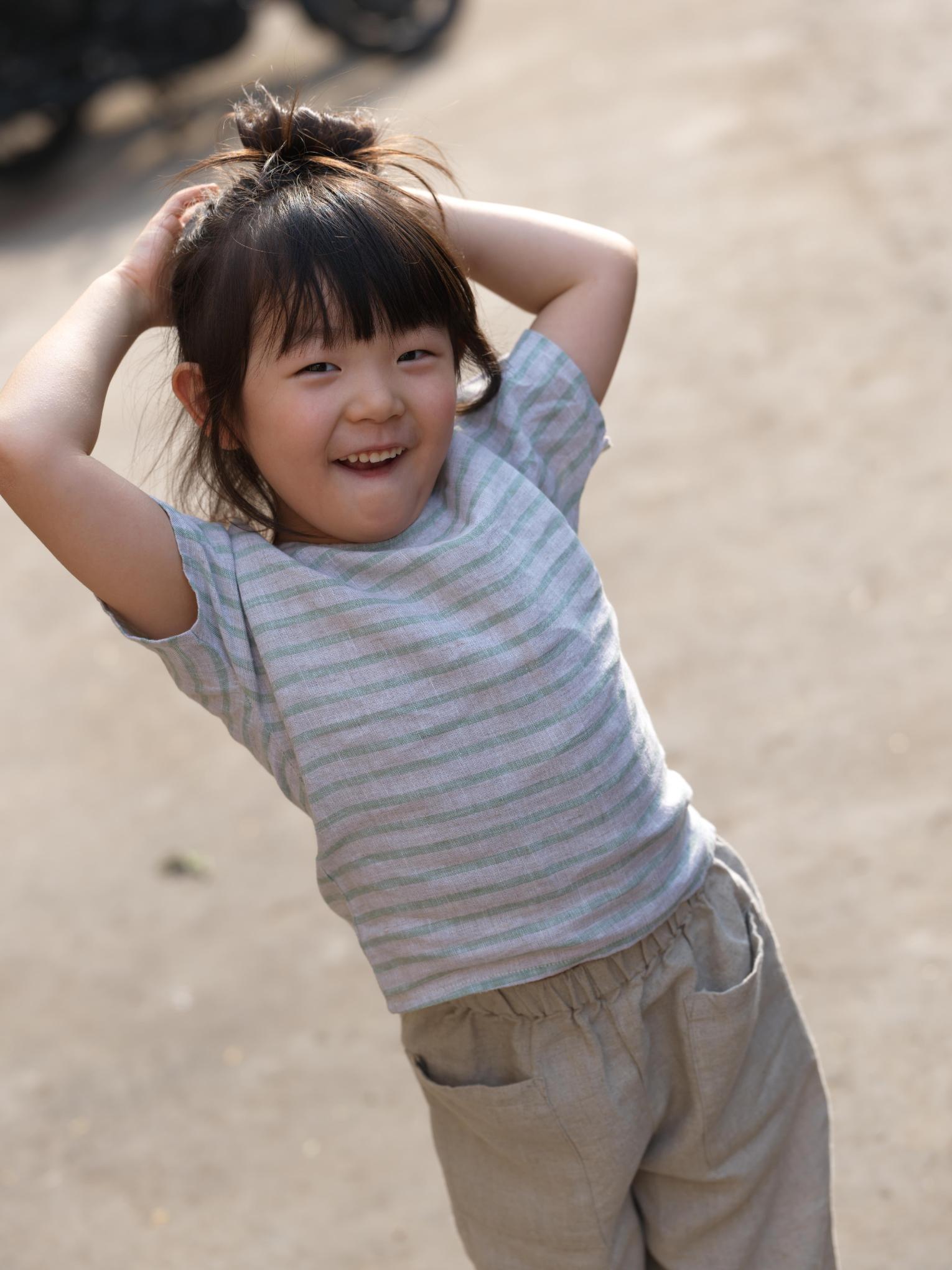 Girls Round Shoulder Top & Patch pocket Trousers Co-Ord set Sage Pencil Stripe / Natural swaps