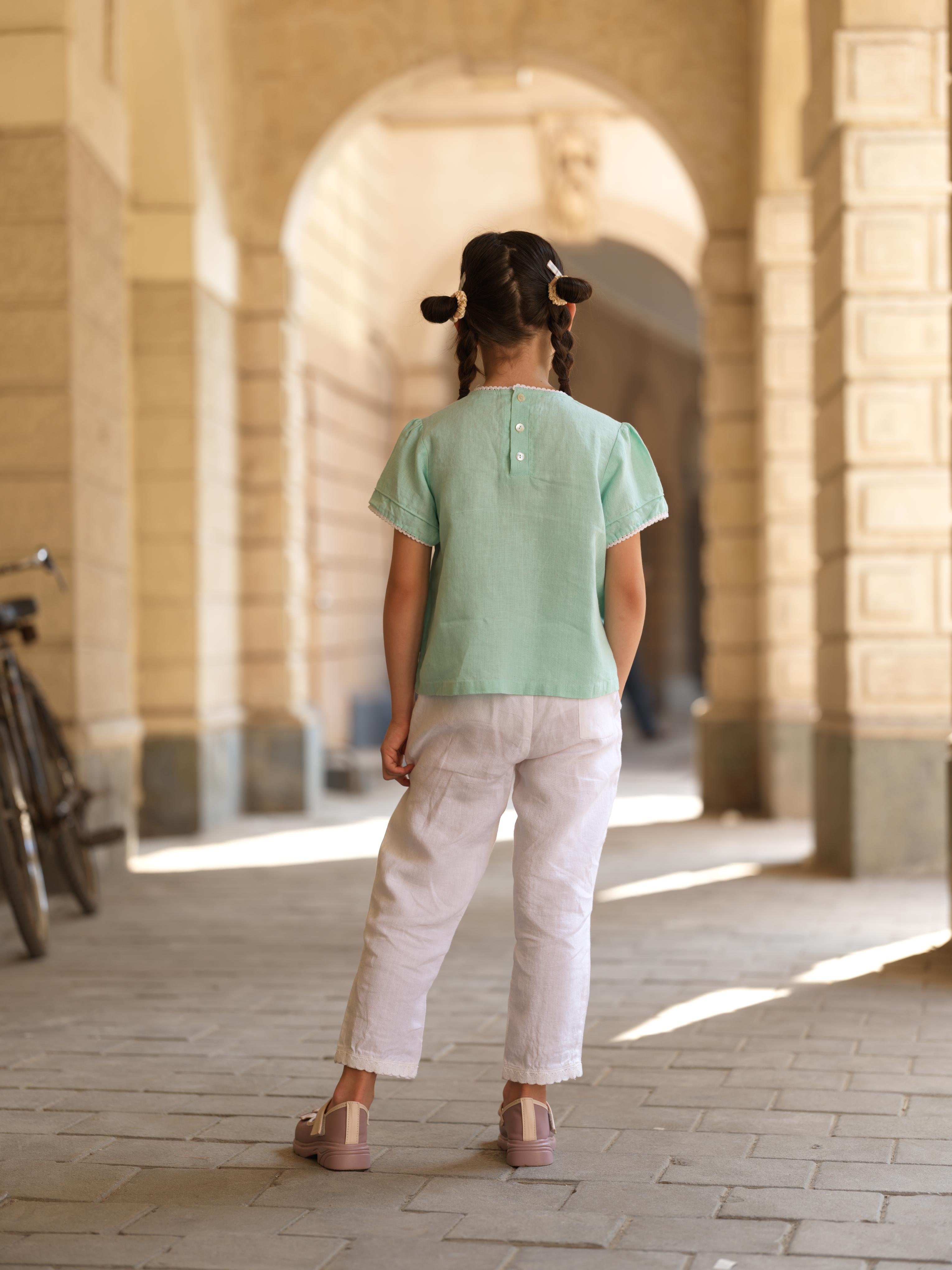 Girl Cord Piping Top & Trousers Co-ords set Celestial Green / White