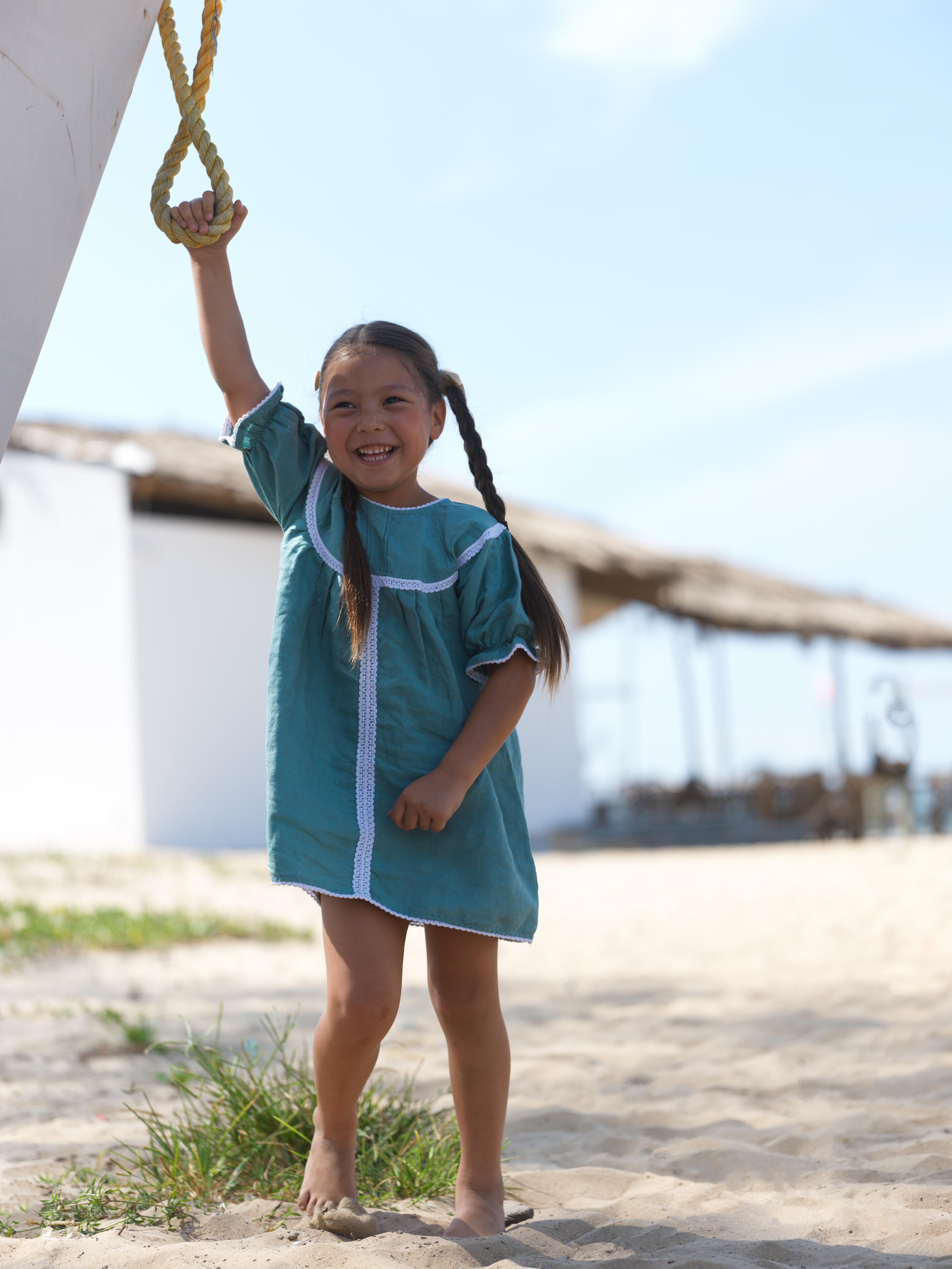 Girls Puff Sleeve Vintage Dress Pine Green