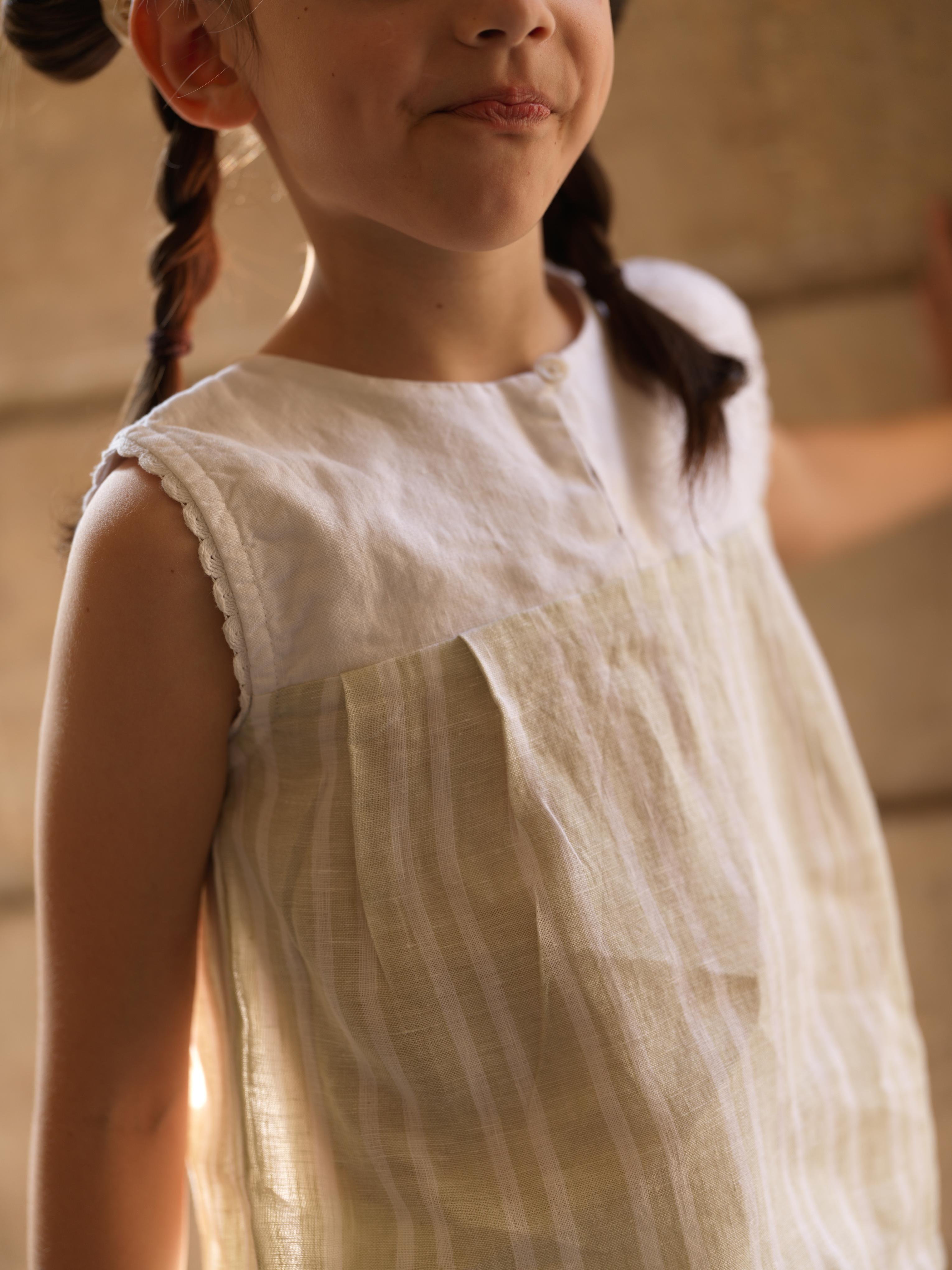 Girls Sleeveless Front Keyhole Top & Trousers Beige Double Stripe / White