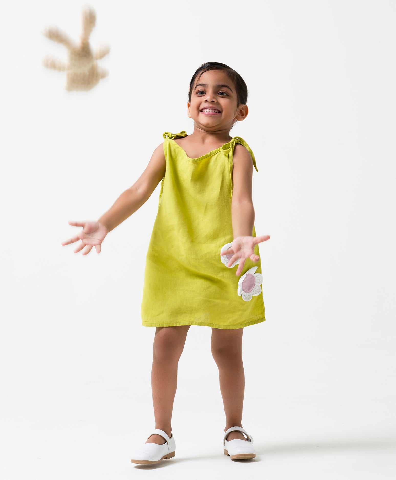 Lime Tie-Up Shoulder Flower Frock