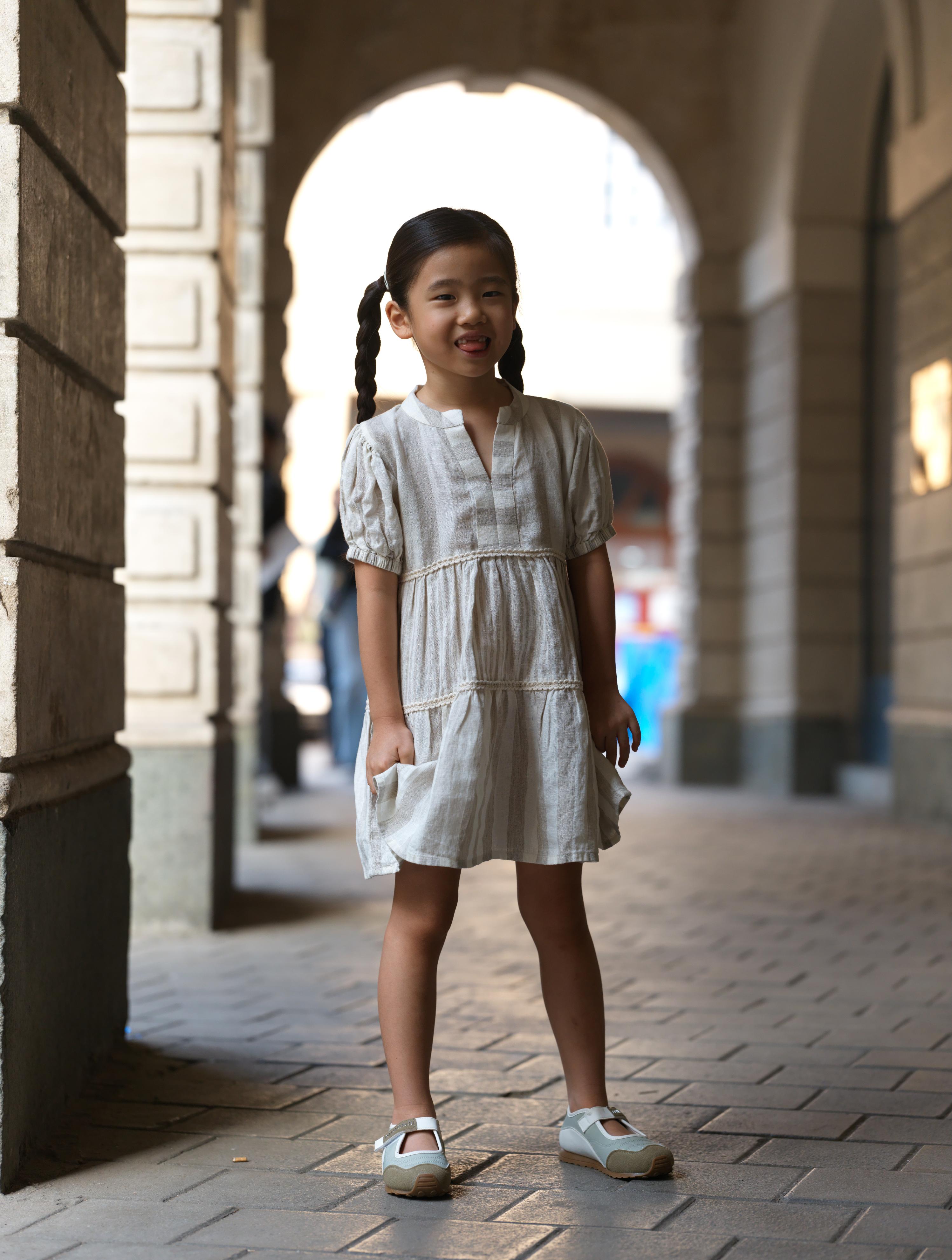 Girls 3 Tier V-Neck Dress Beige Cabana Stripe