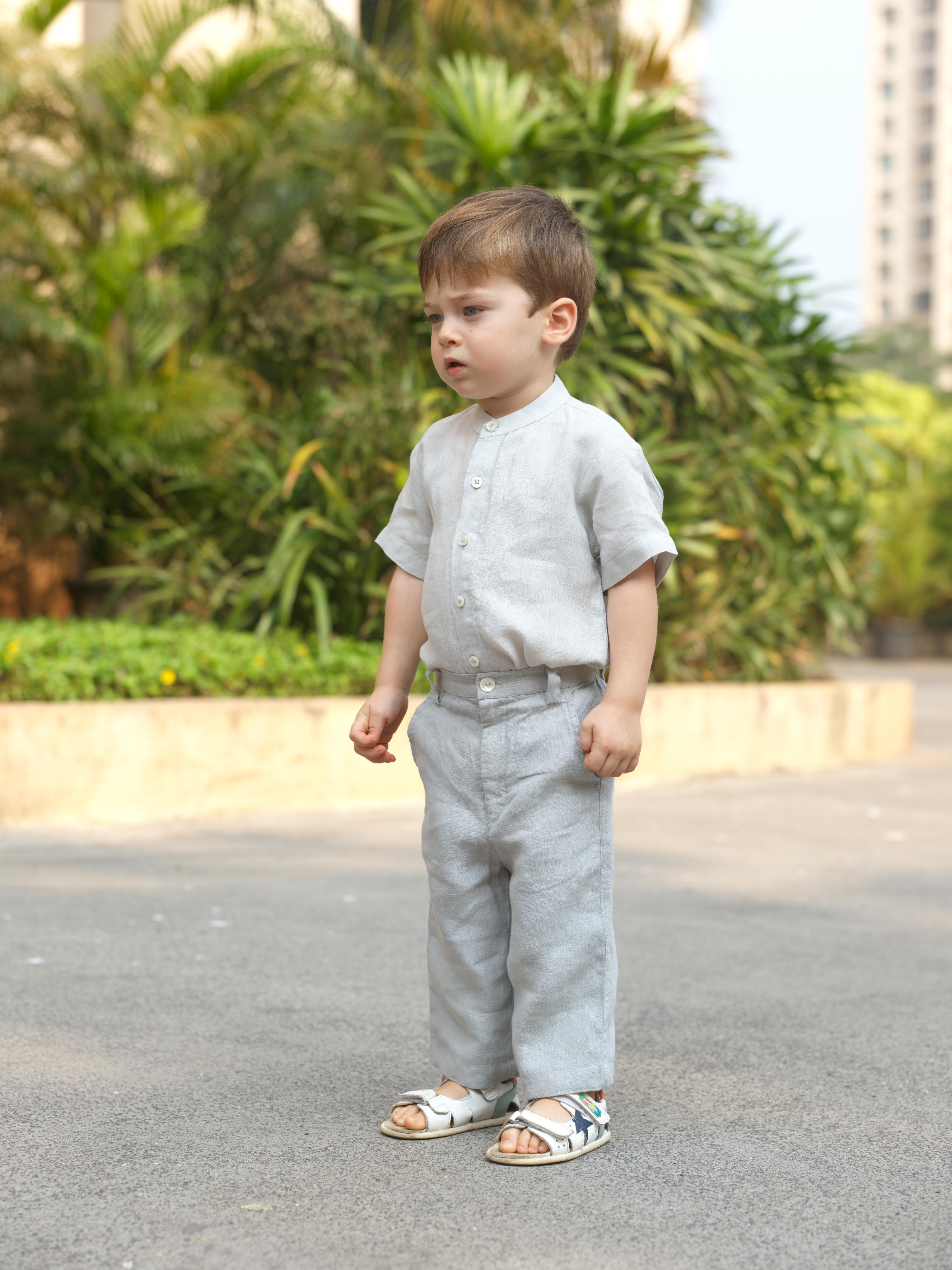Boys Mandarin Collar Shirt & Shorts Co-Ord Light Grey