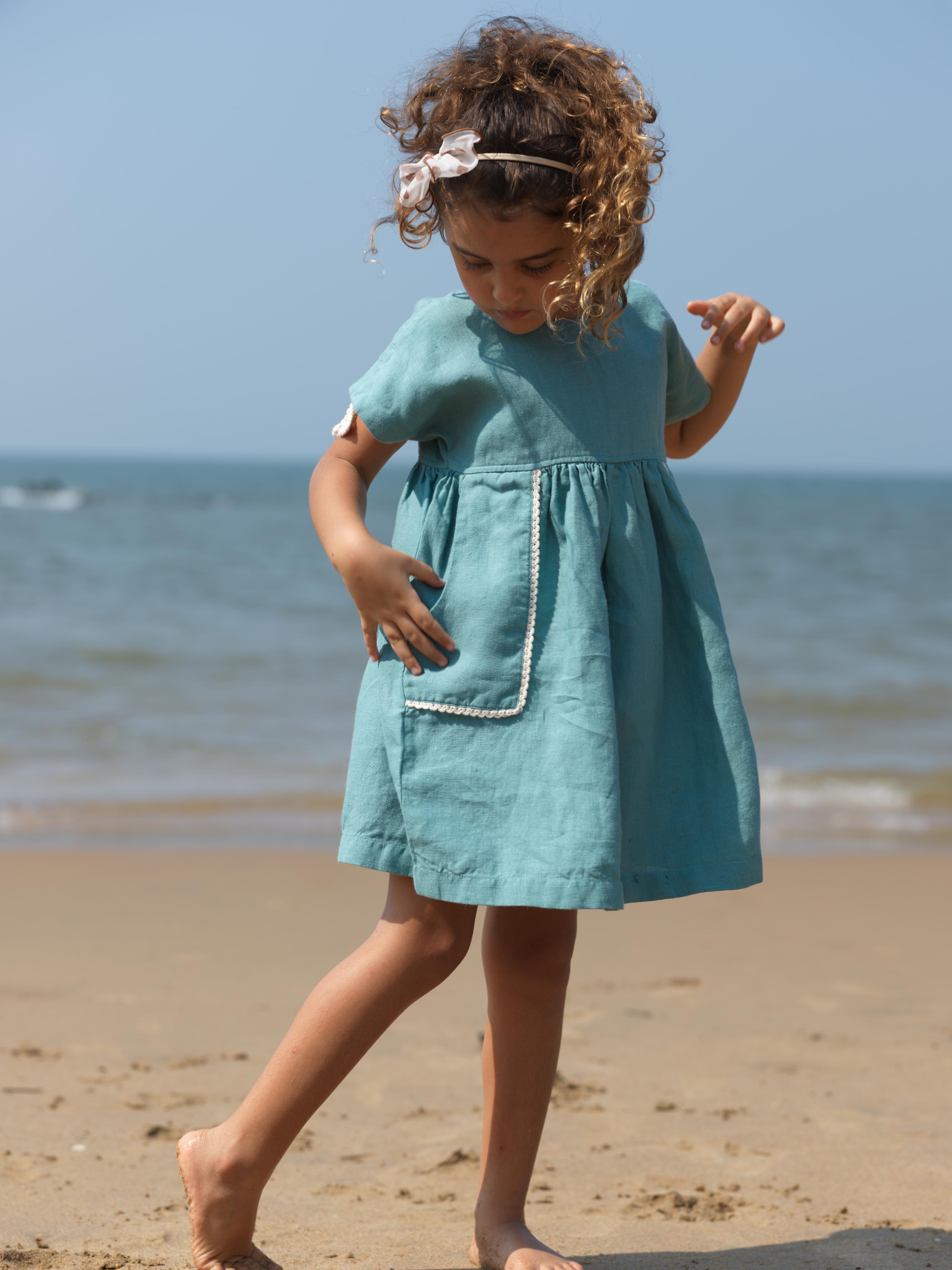 Girls Patch Pocket Tie-Back Dress Pine Green