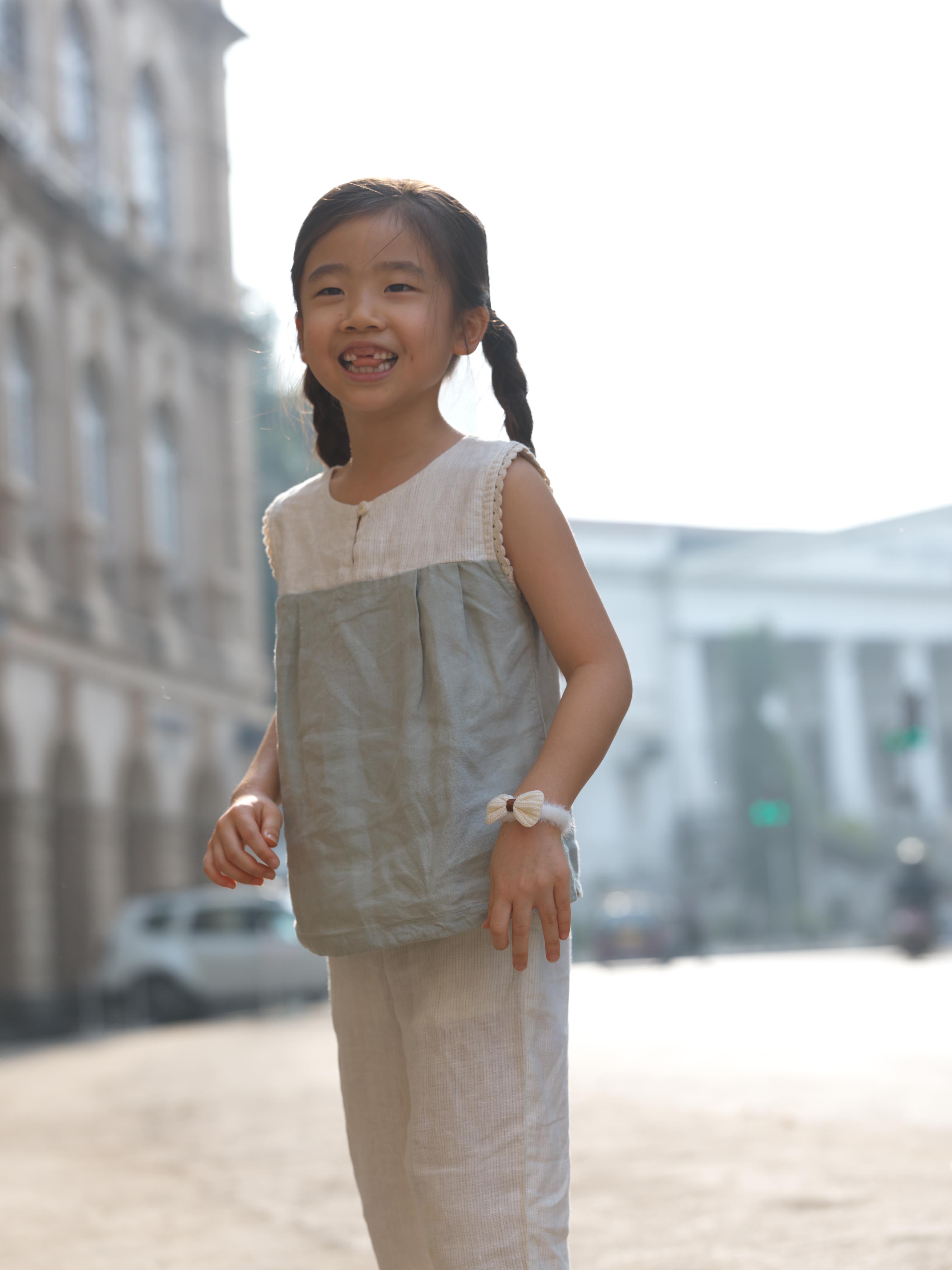 Girls Sleeveless Front Keyhole Top & Trousers Beige Hairline Stripe / Mint Green