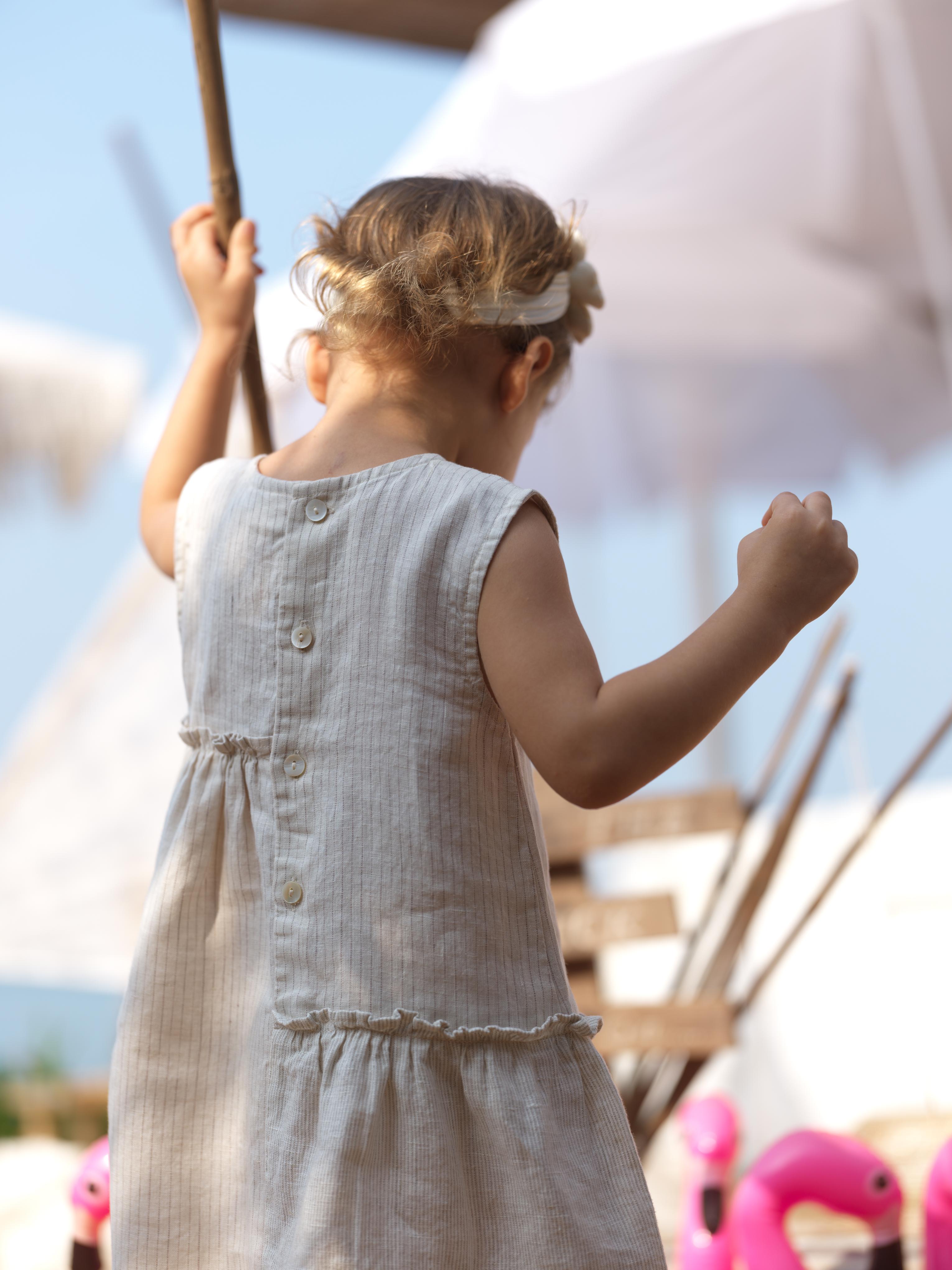 Girls Sleeveless Gathered Dress Beige Lines / Fade Fine Stripe