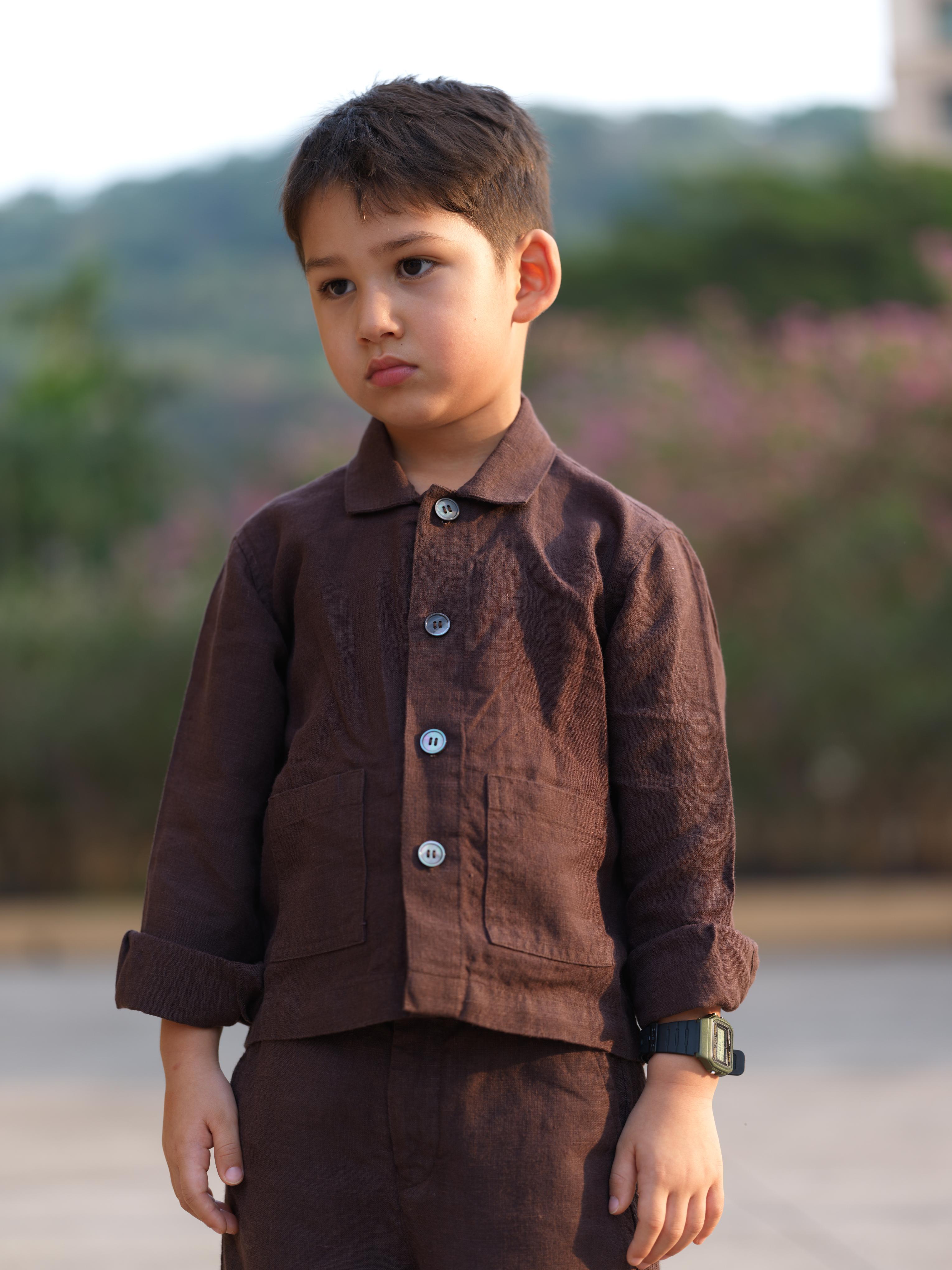 Boys Shacket Co-Ord Set Dark Brown