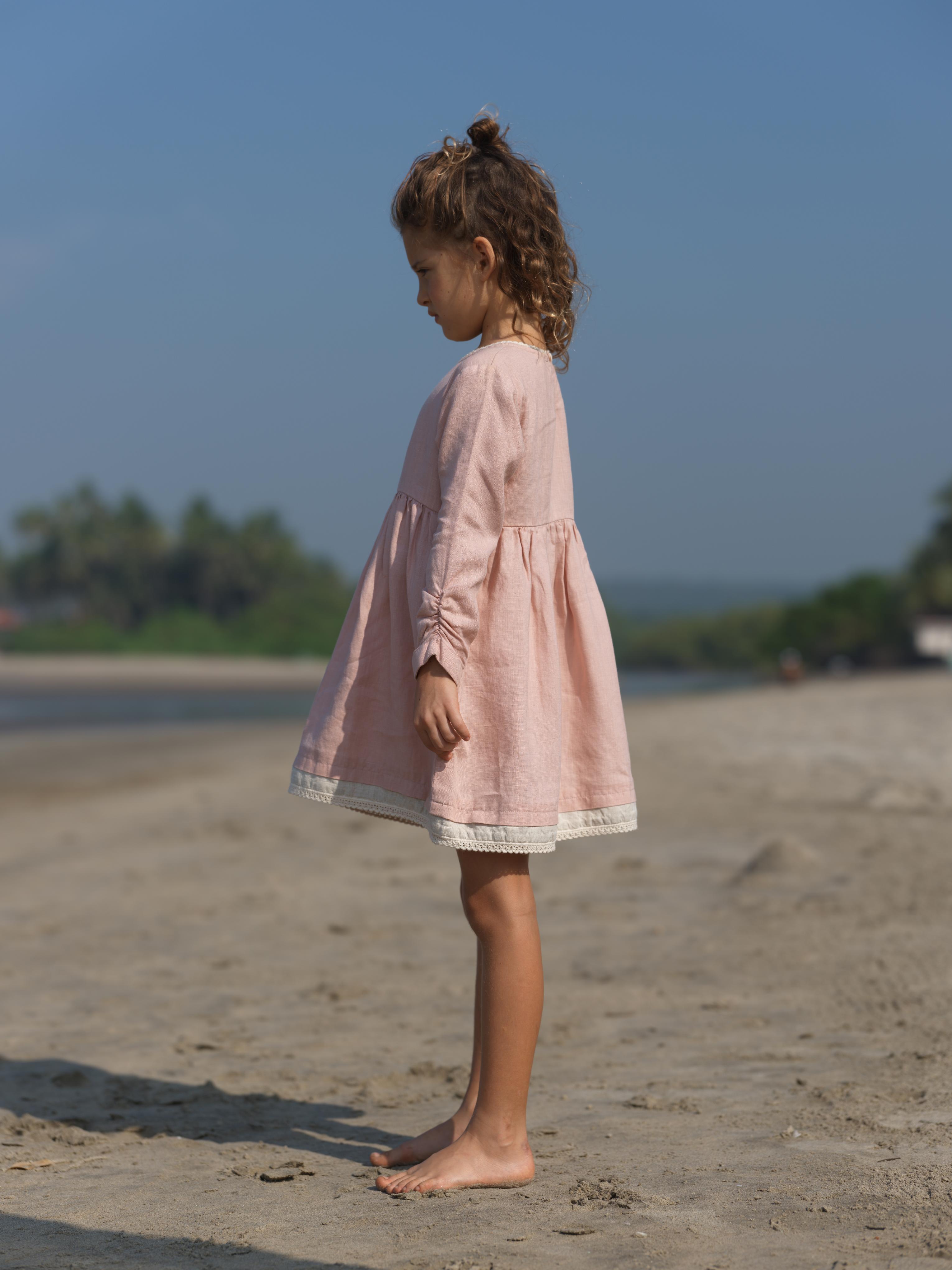 Girl Elastic Long Sleeve Dress Flamingo