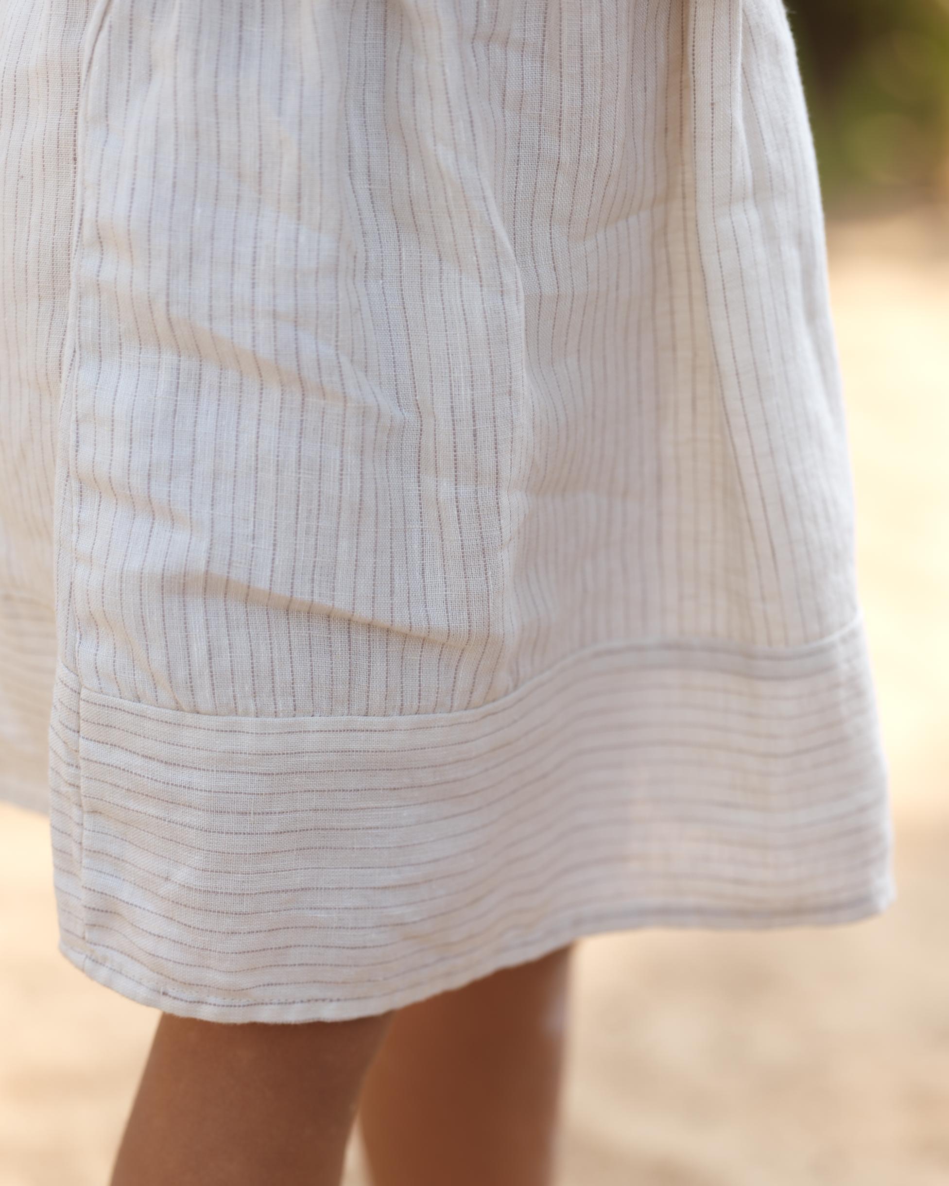 Girls Round Neck Back Opening Dress Beige Lines