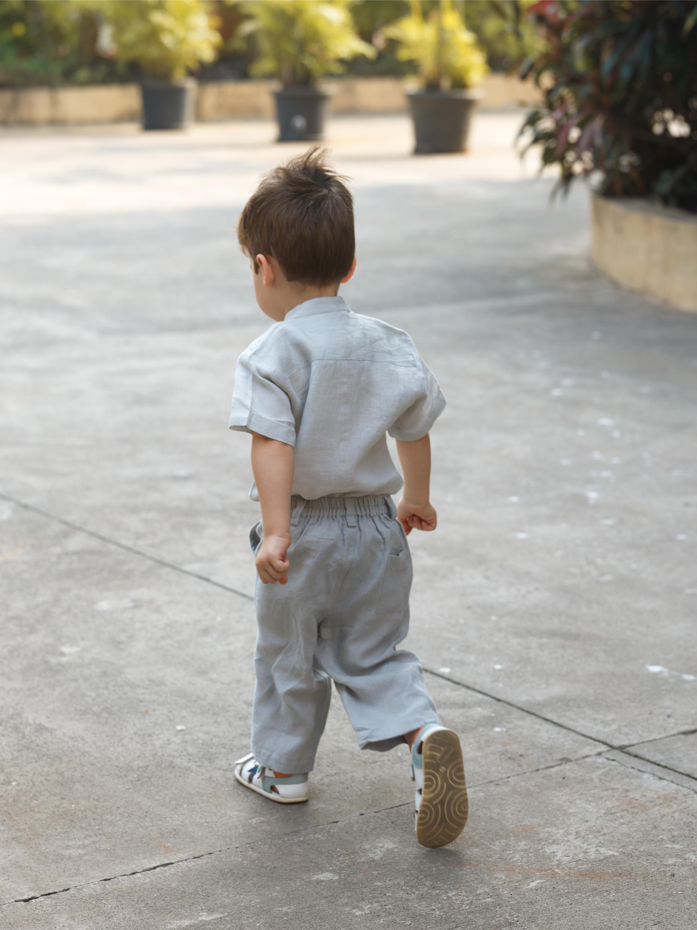 Boys Mandarin Collar Shirt & Shorts Co-Ord Light Grey