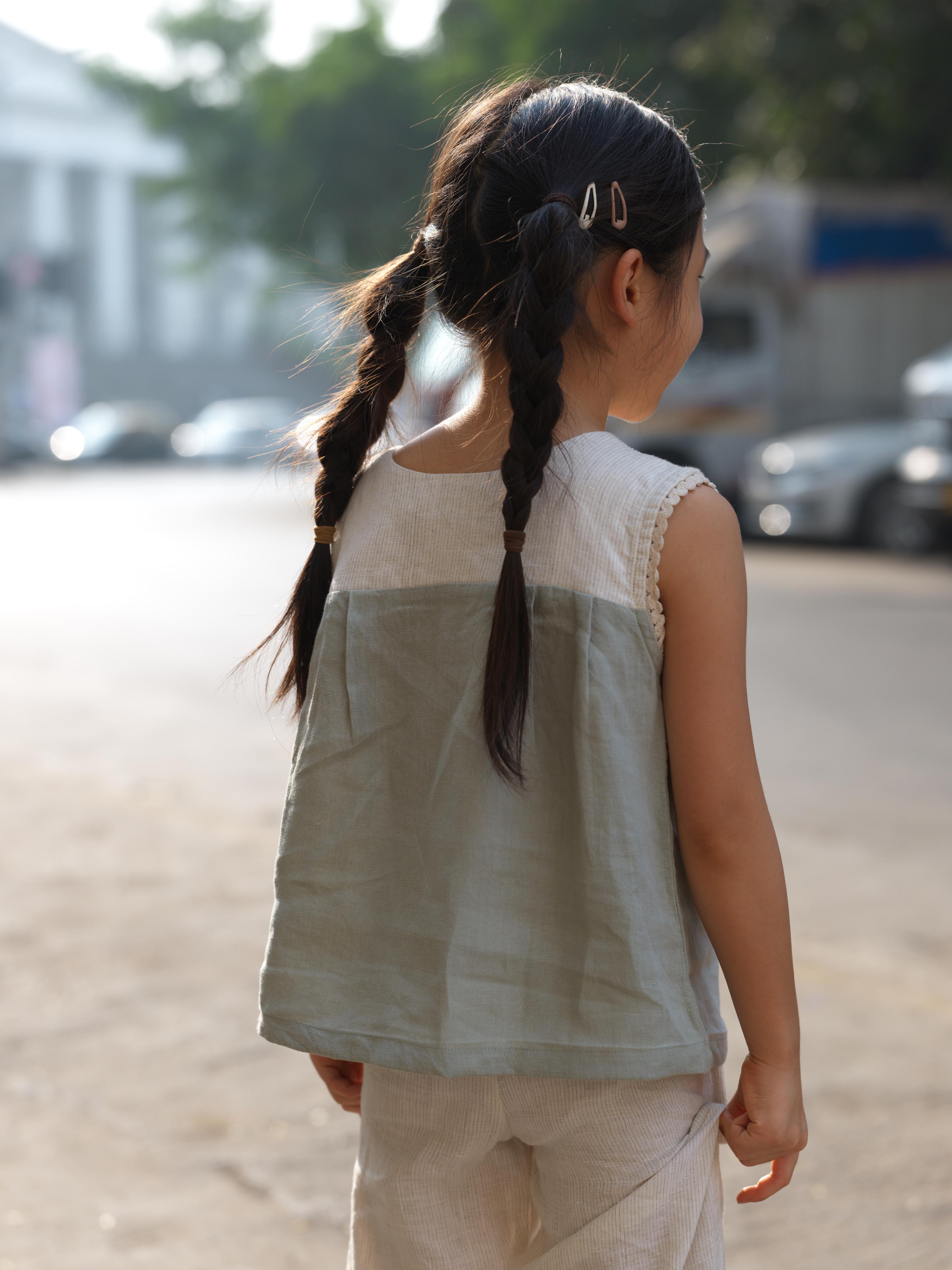 Girls Sleeveless Front Keyhole Top & Trousers Beige Hairline Stripe / Mint Green