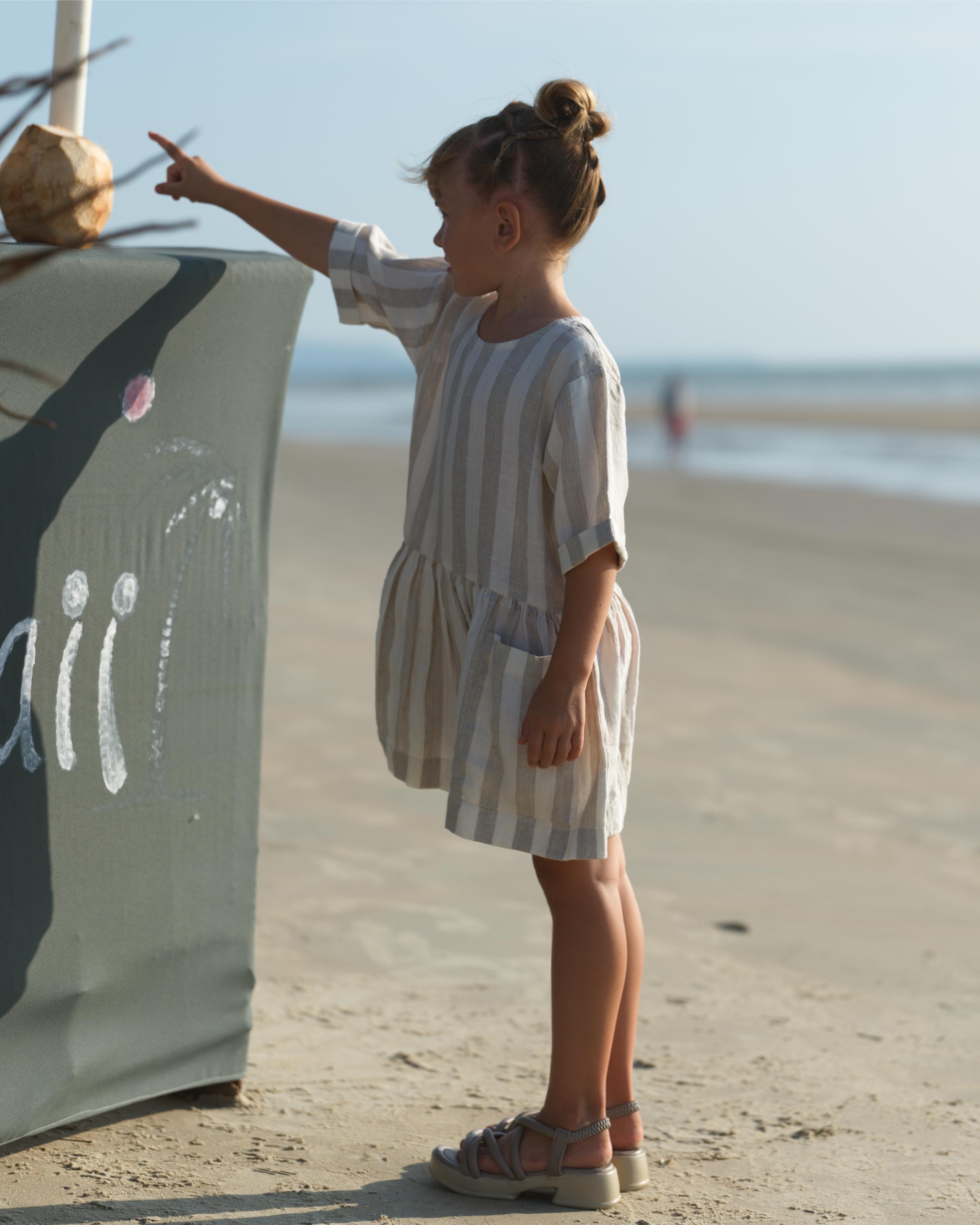 Girl Patch Pocket Drop Shoulder Dress Beige Cabana Stripe