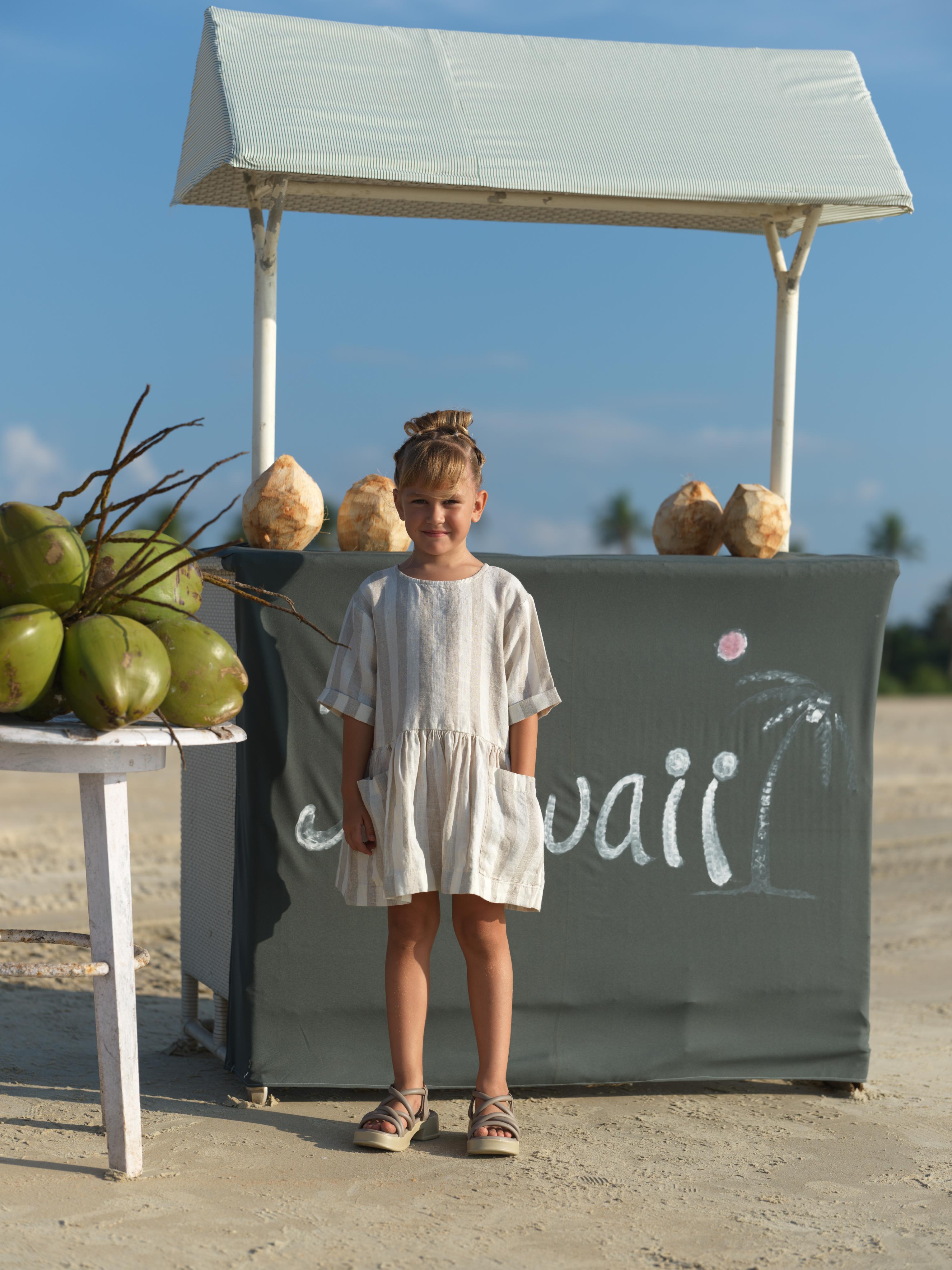 Girl Patch Pocket Drop Shoulder Dress Beige Cabana Stripe