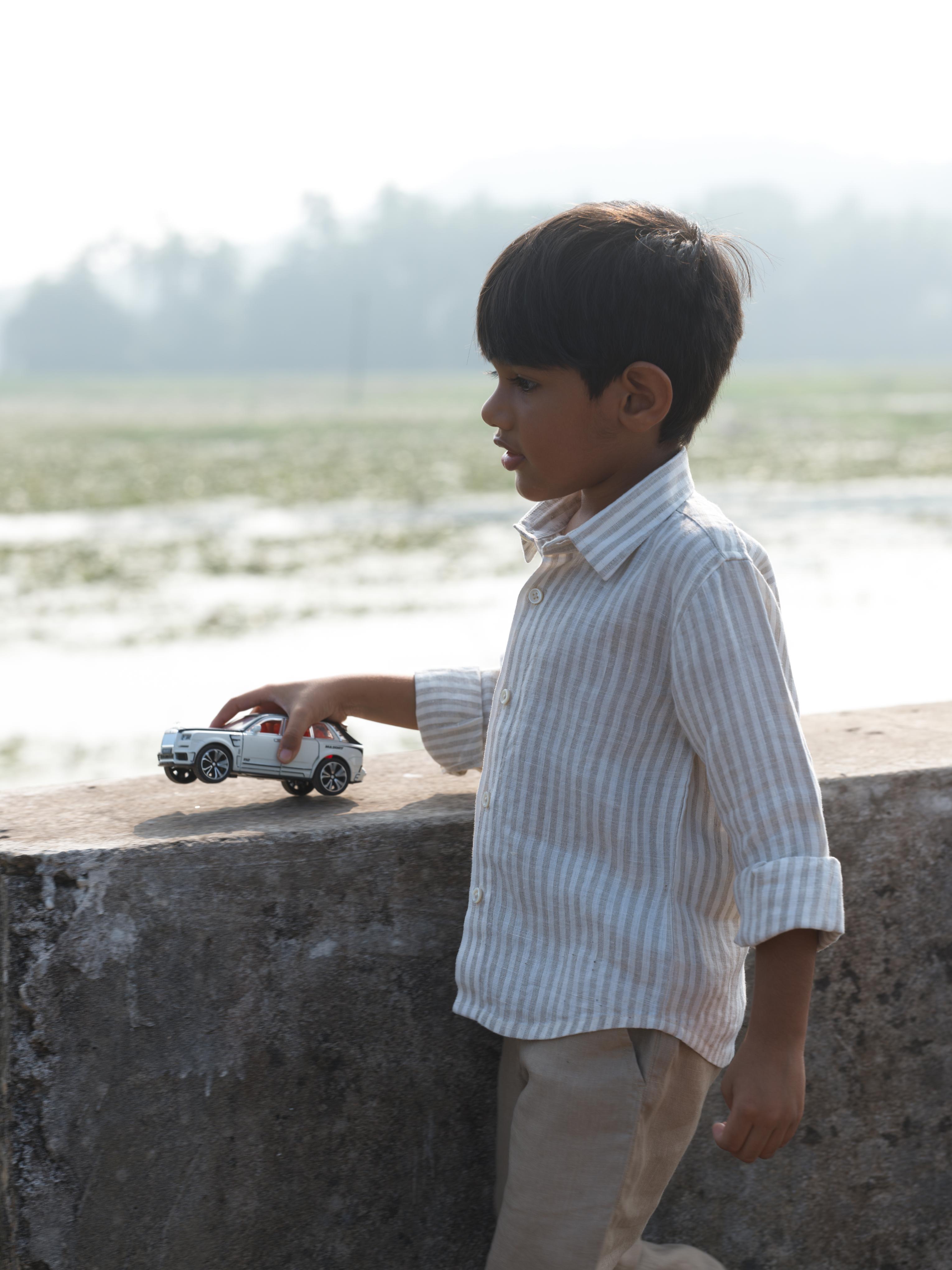 Boys Regular Collar Shirt Beige Stripe
