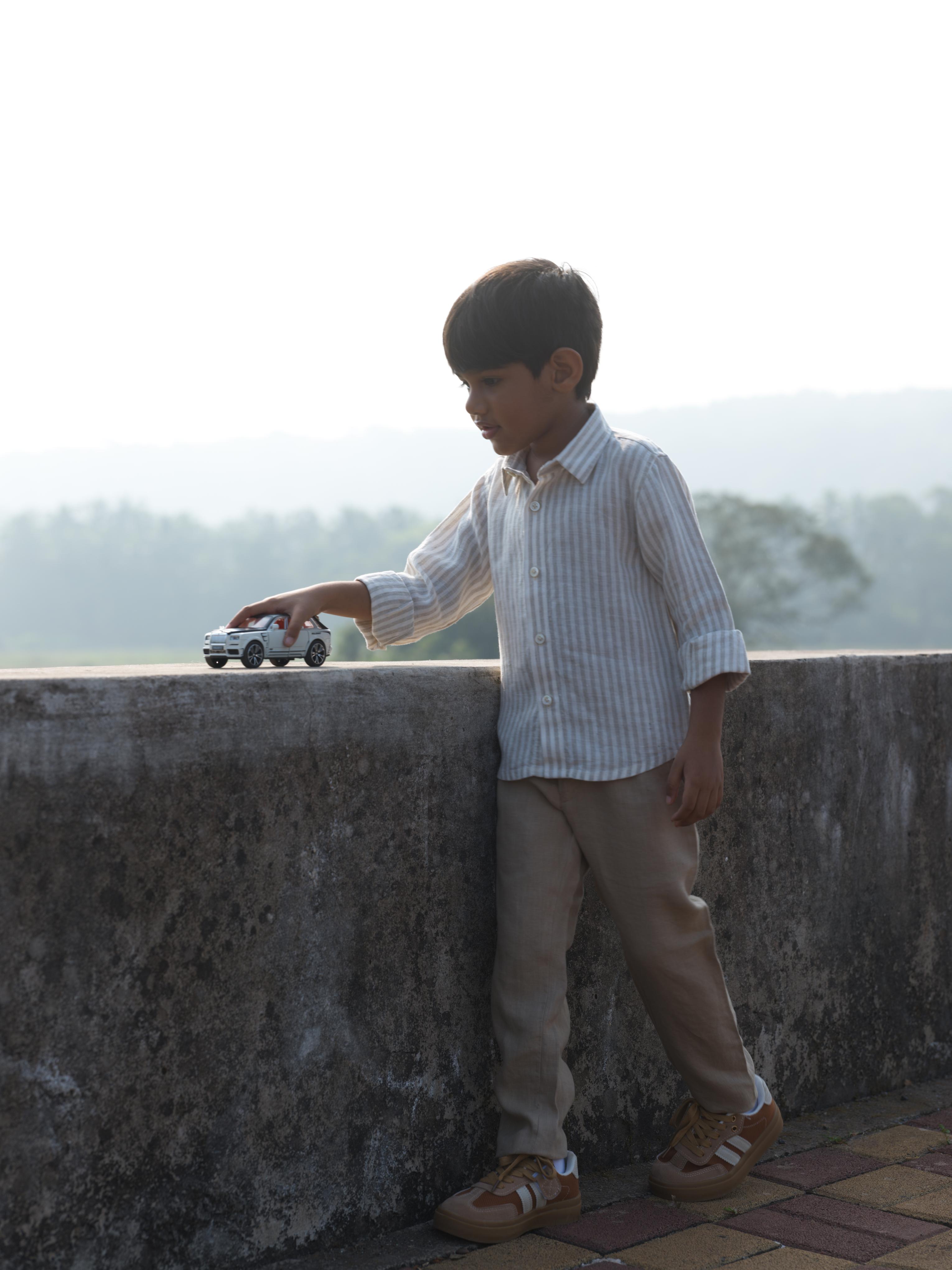 Boys Regular Collar Shirt Beige Stripe