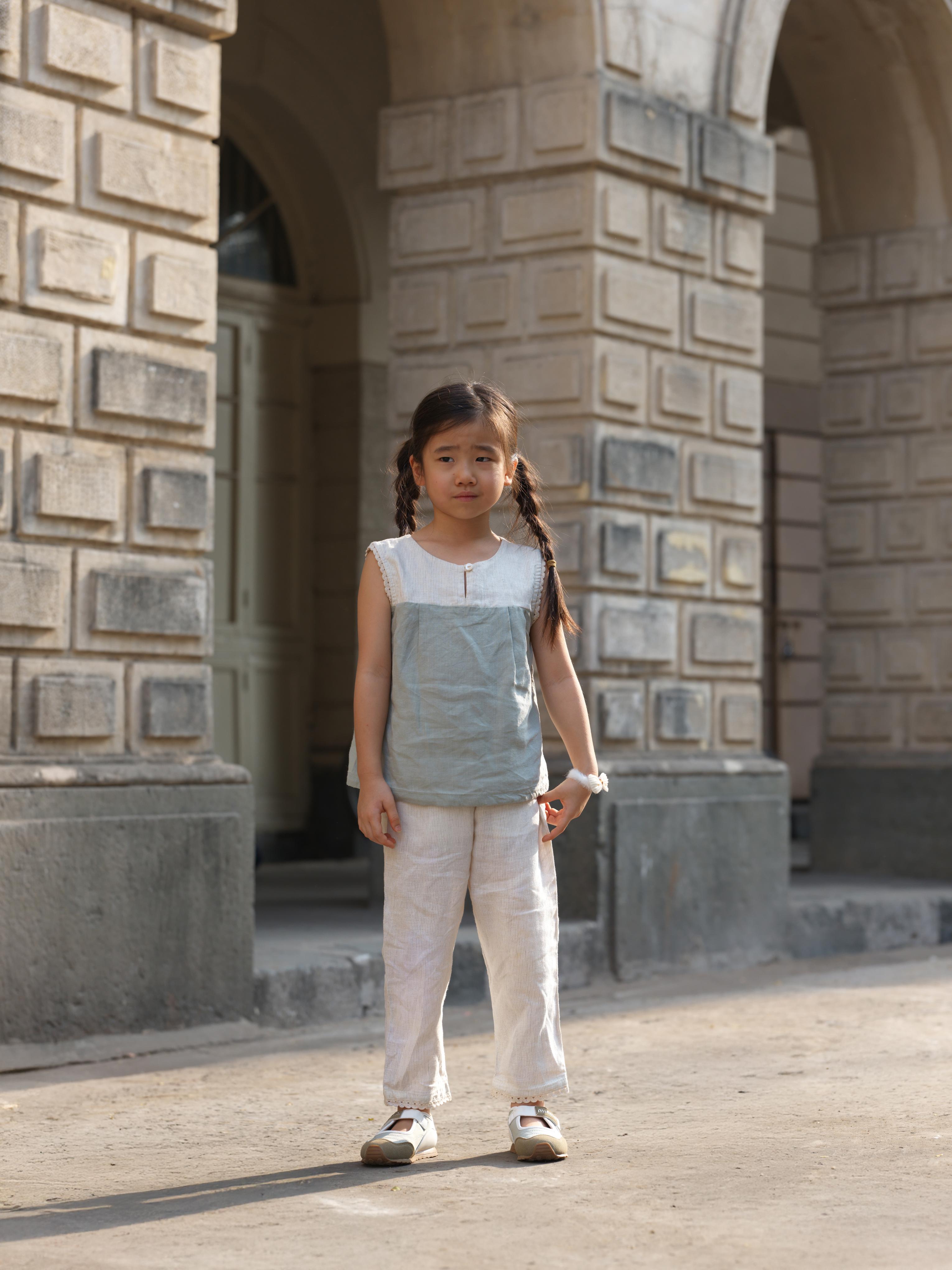 Girls Sleeveless Front Keyhole Top & Trousers Beige Hairline Stripe / Mint Green