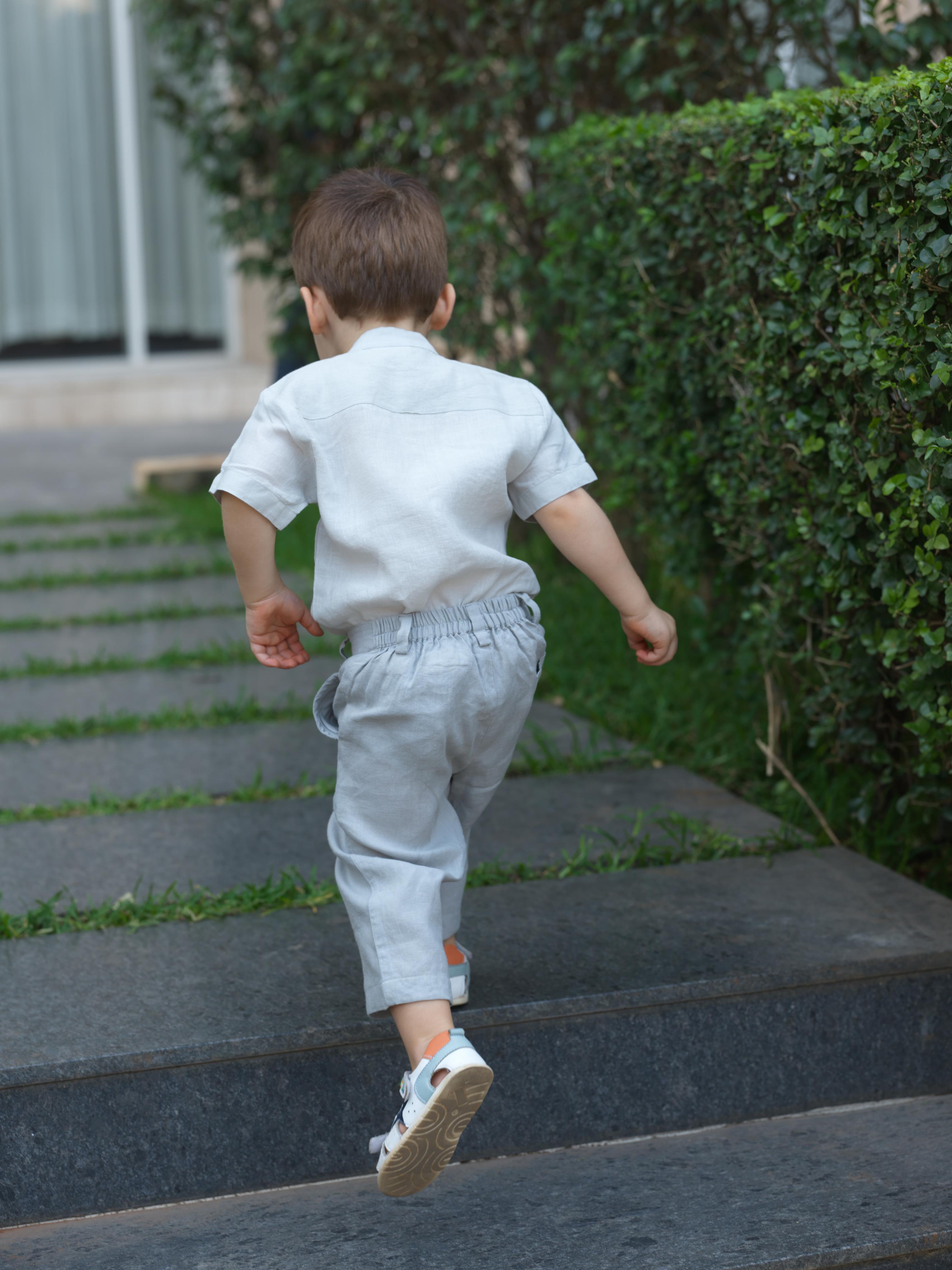 Boys Mandarin Collar Shirt & Shorts Co-Ord Light Grey