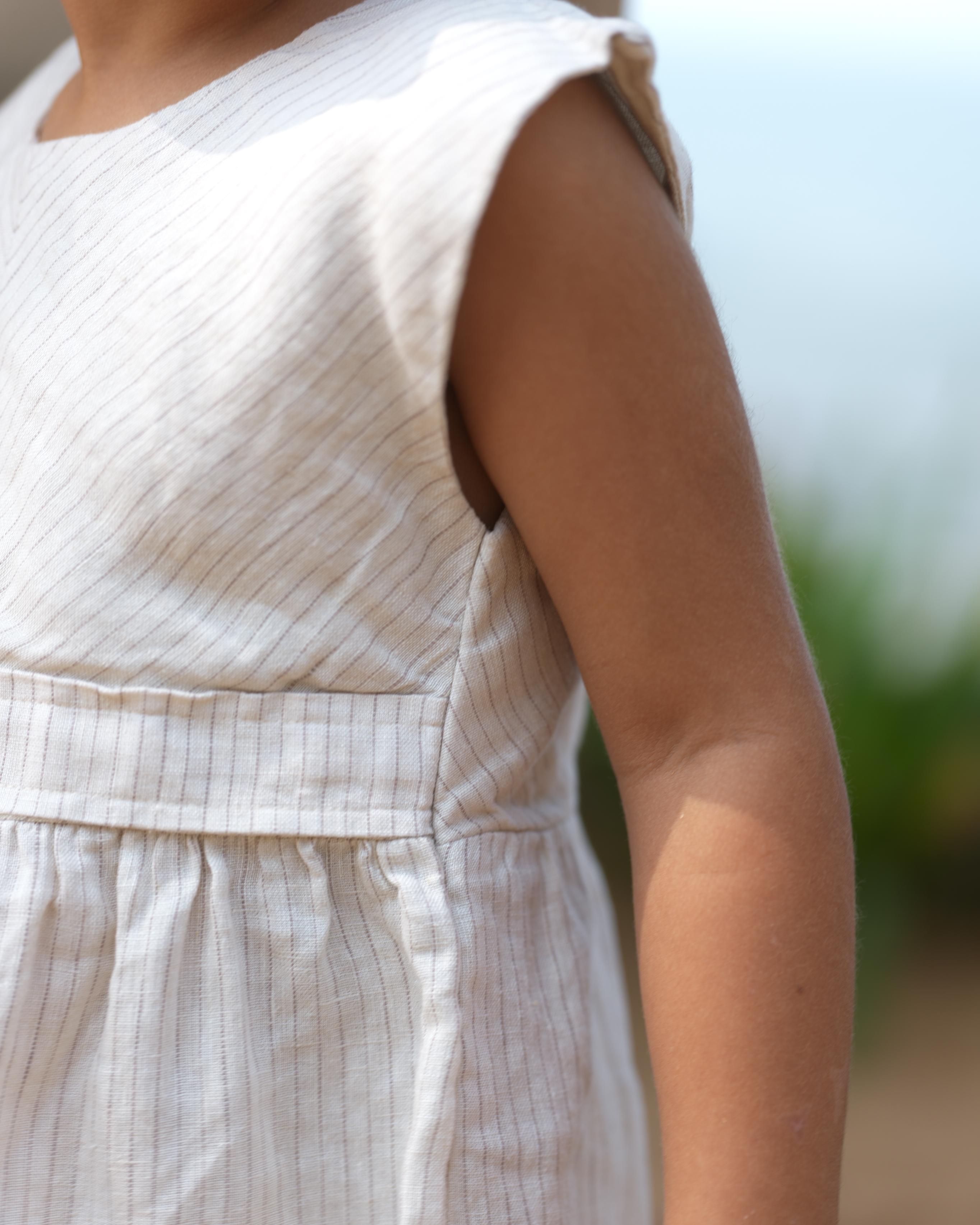 Girls Round Neck Back Opening Dress Beige Lines