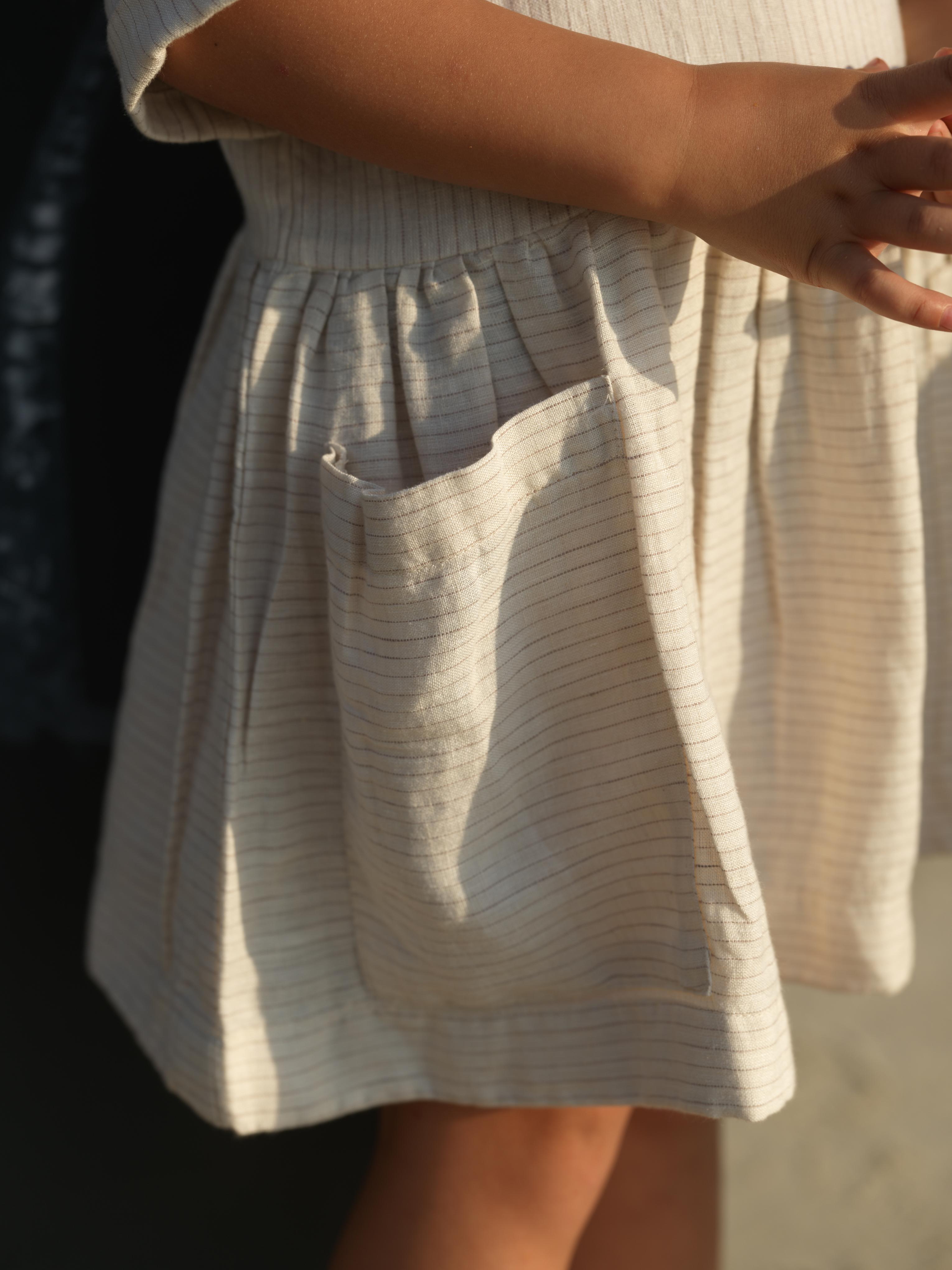 Girl Patch Pocket Drop Shoulder Dress Beige Lines