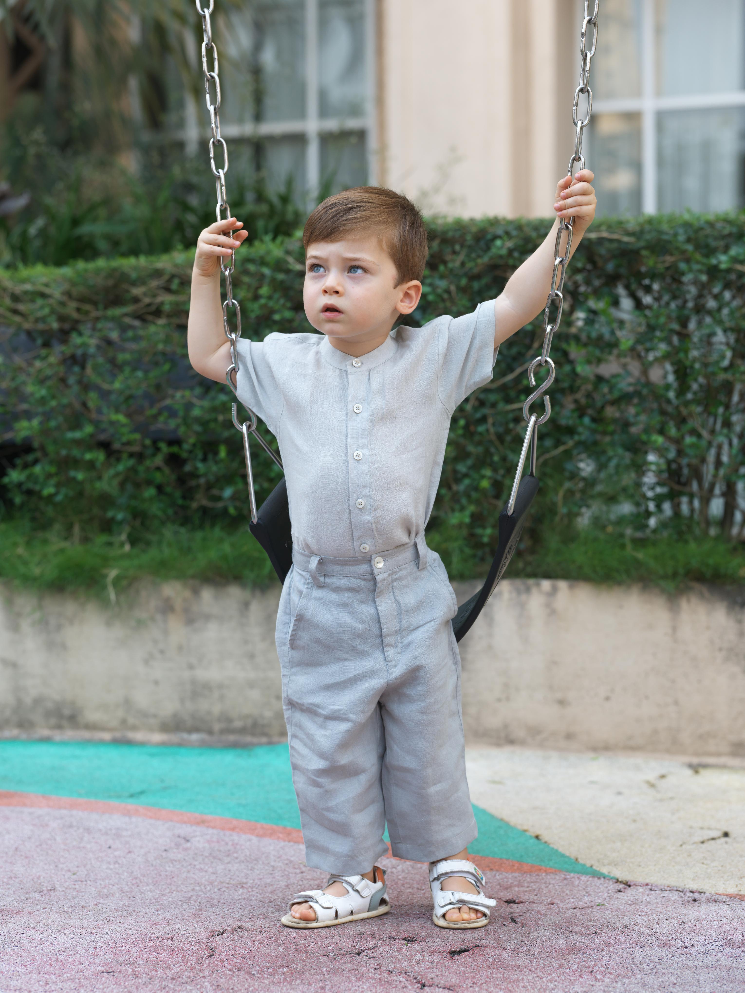 Boys Mandarin Collar Shirt & Trouser co-ords set Light Grey