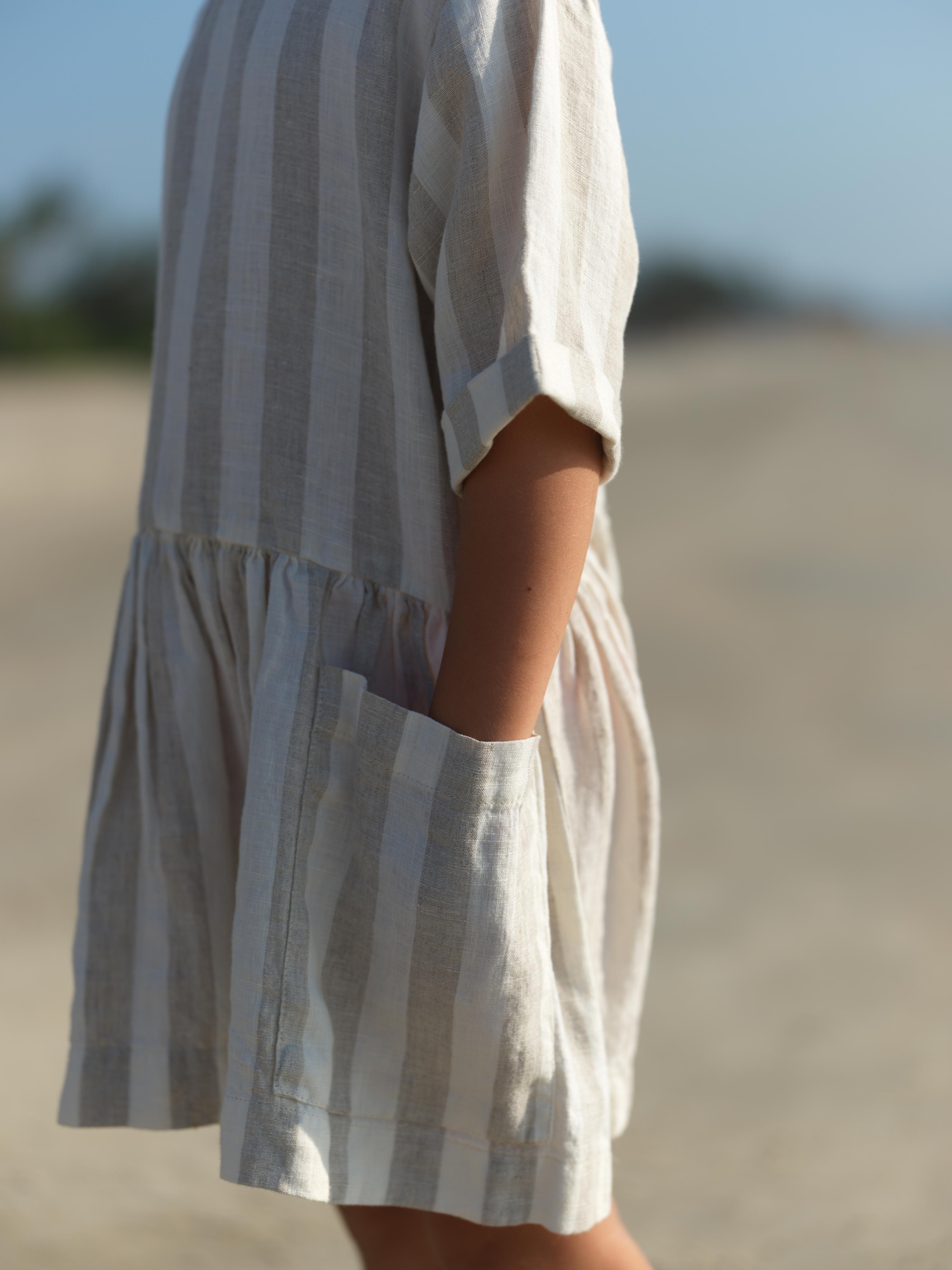 Girl Patch Pocket Drop Shoulder Dress Beige Cabana Stripe