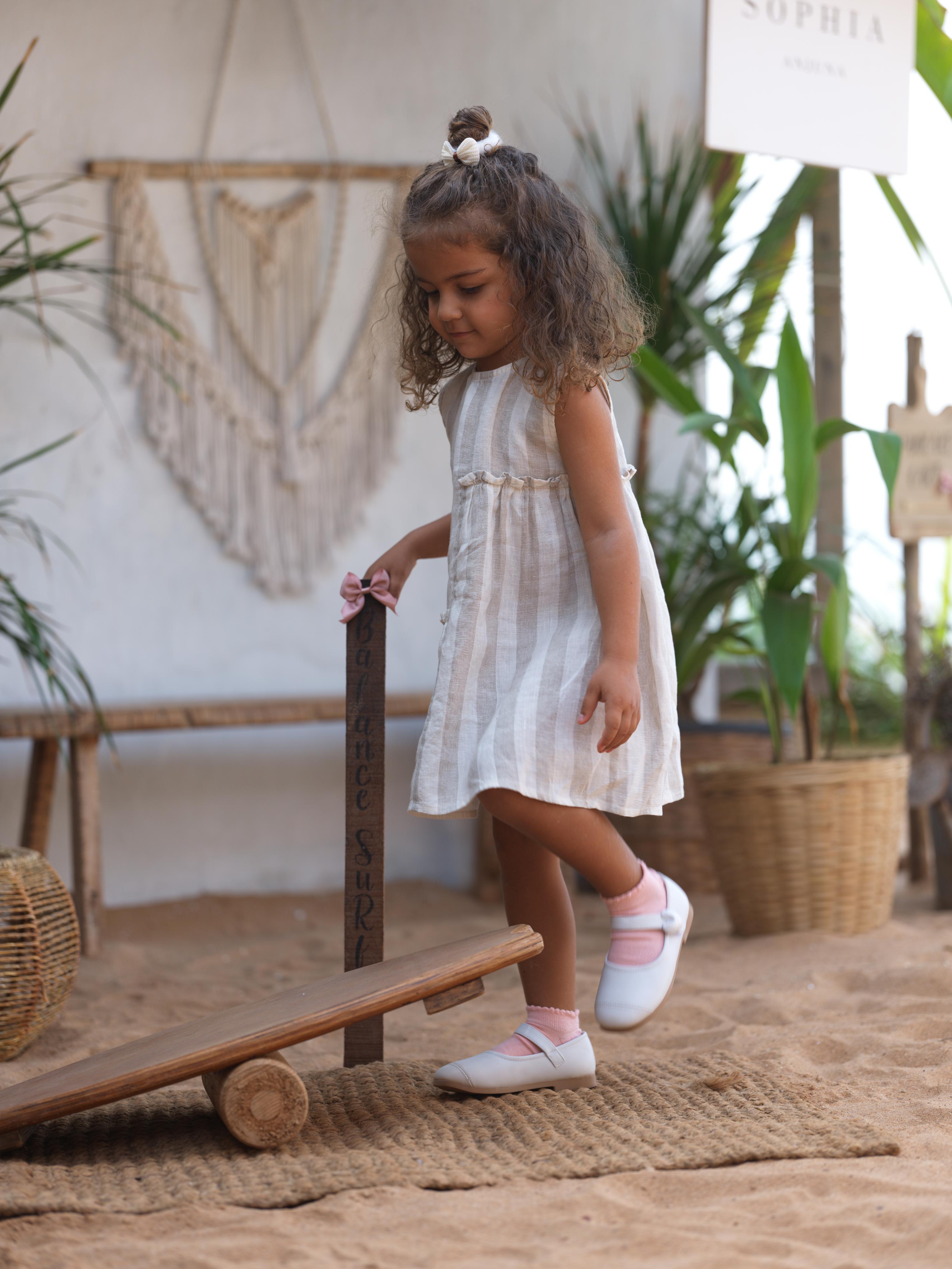 Girls Sleeveless Gathered Dress Beige Cabana Stripe / Beige Hairline Stripe