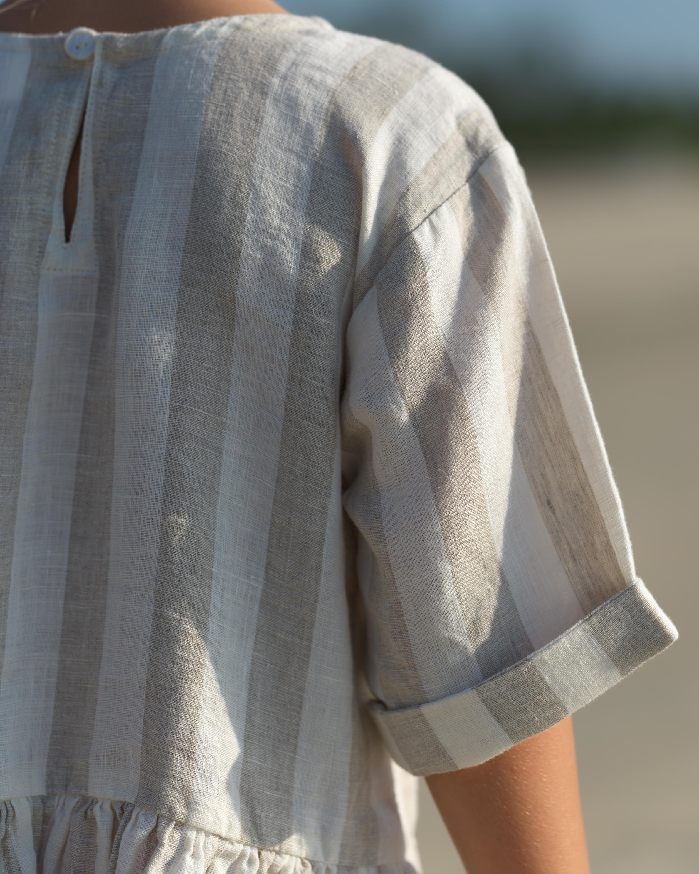Girl Patch Pocket Drop Shoulder Dress Beige Cabana Stripe