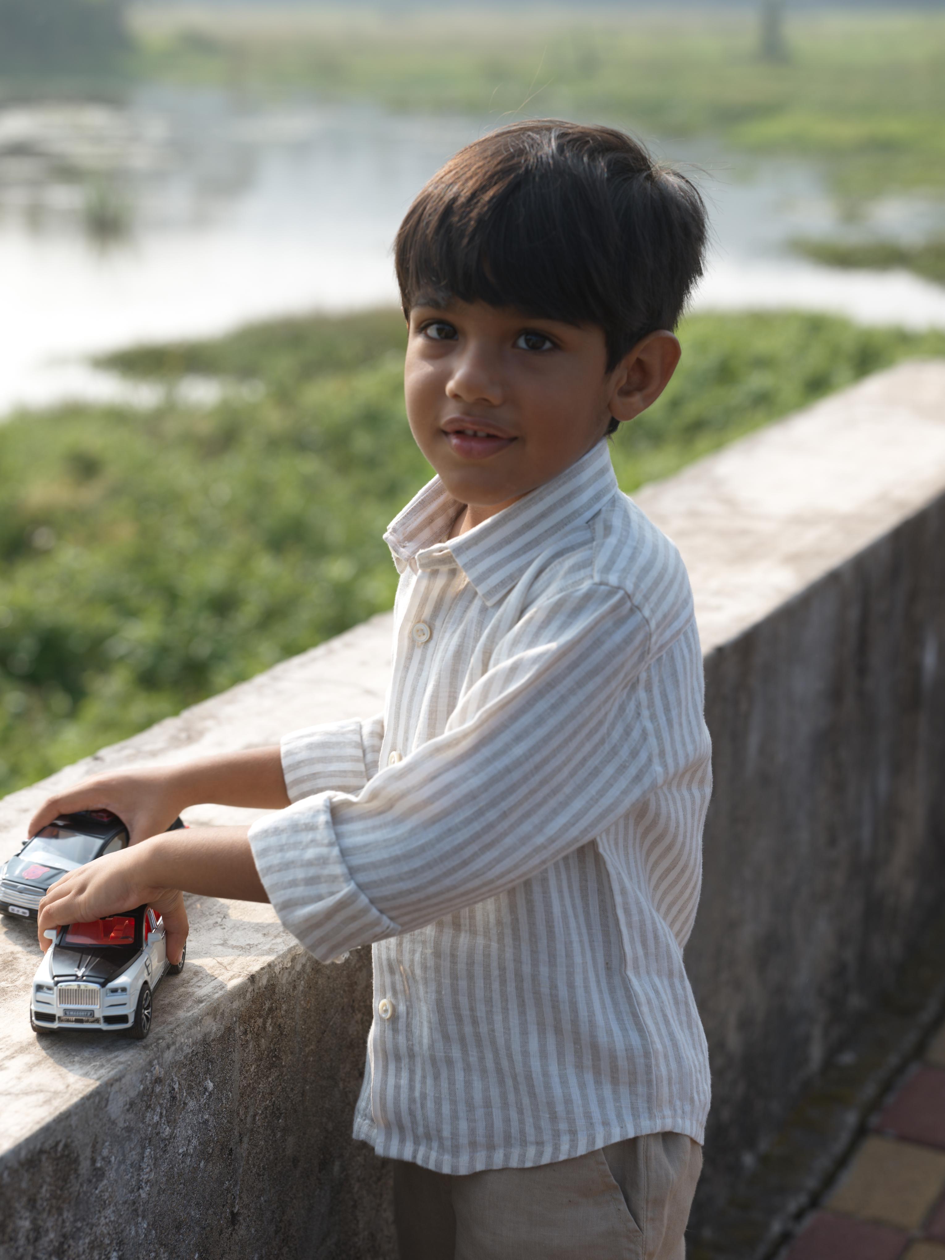 Boys Regular Collar Shirt Beige Stripe