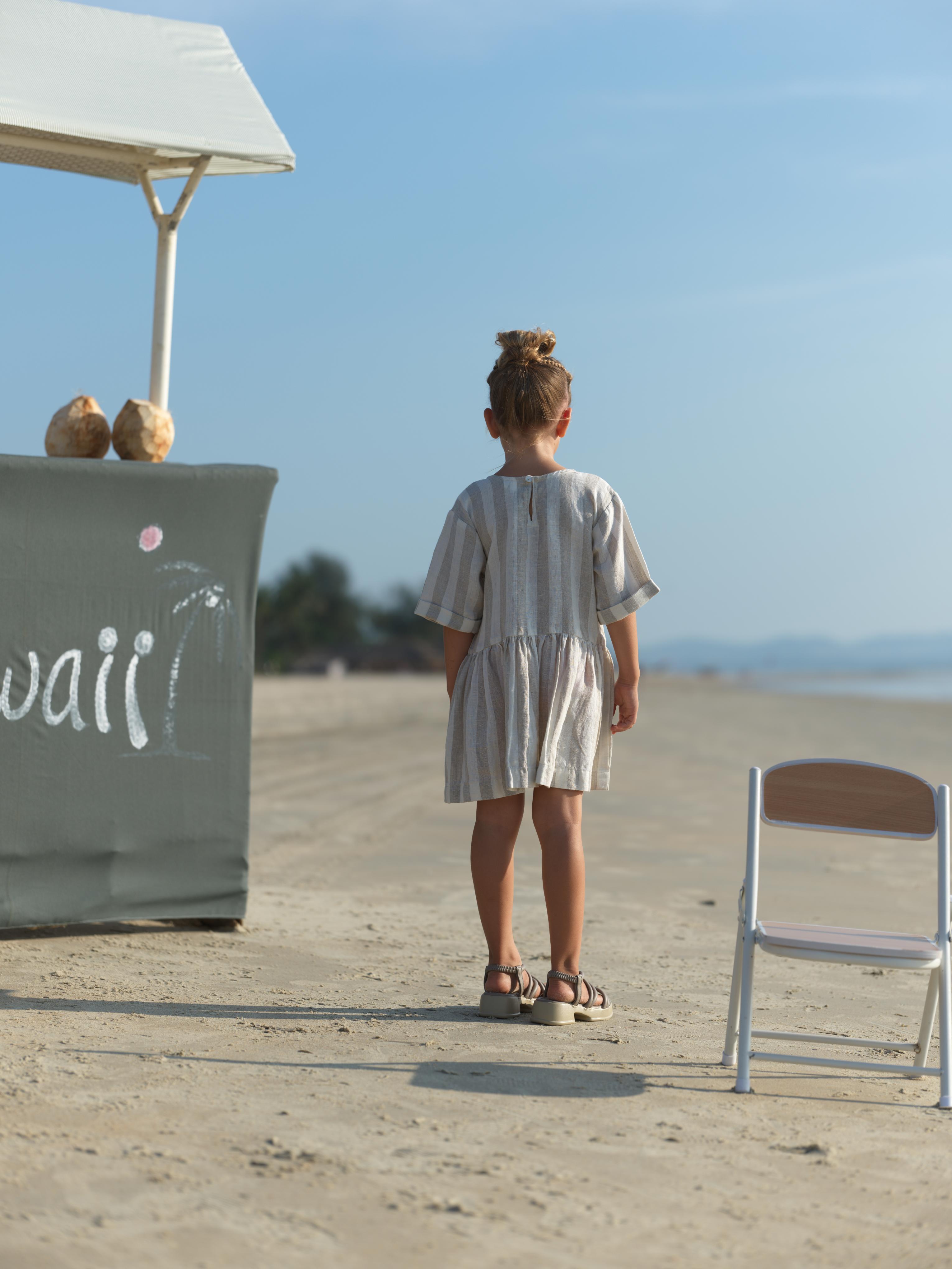 Girl Patch Pocket Drop Shoulder Dress Beige Cabana Stripe