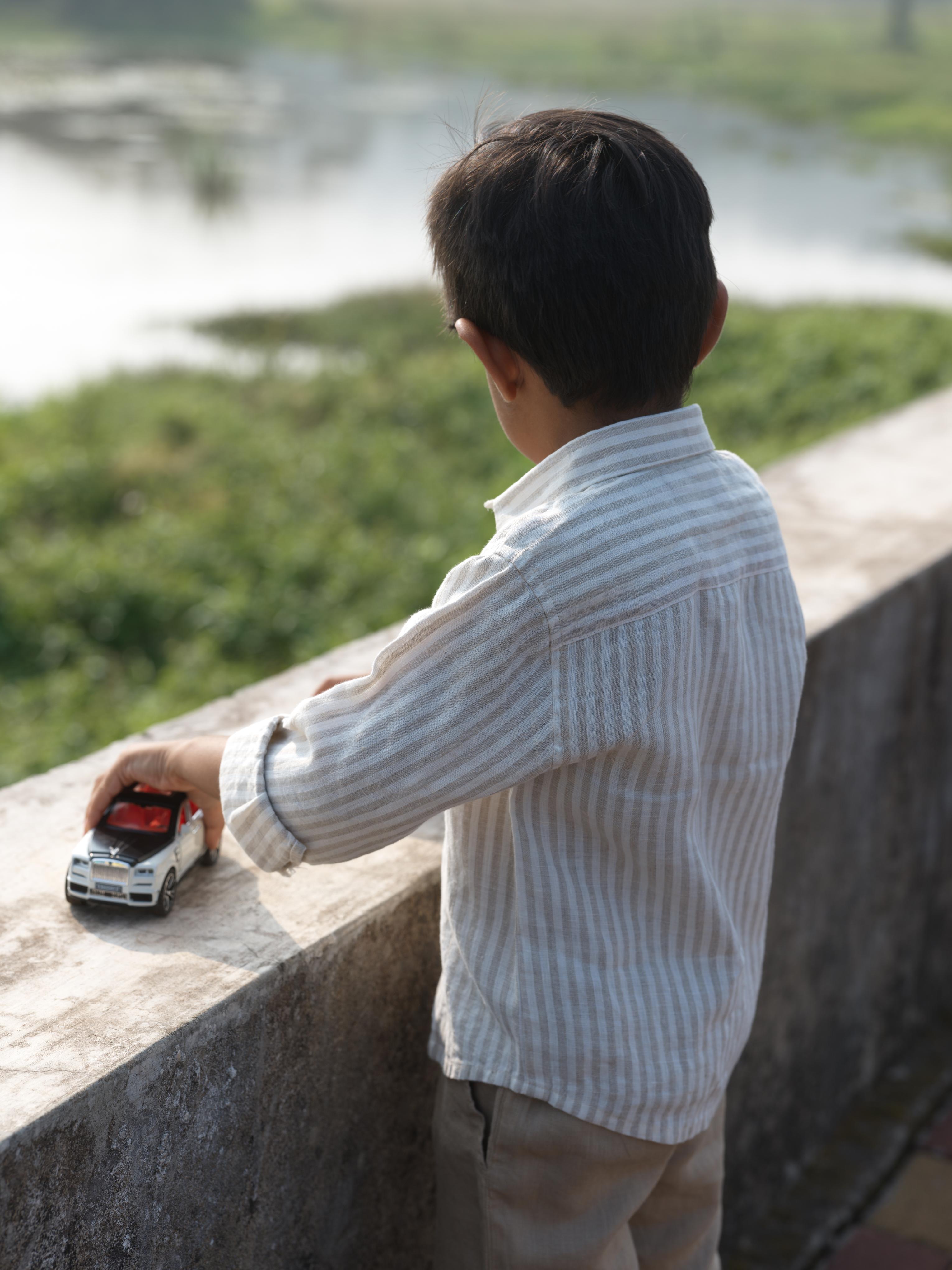 Boys Regular Collar Shirt Beige Stripe