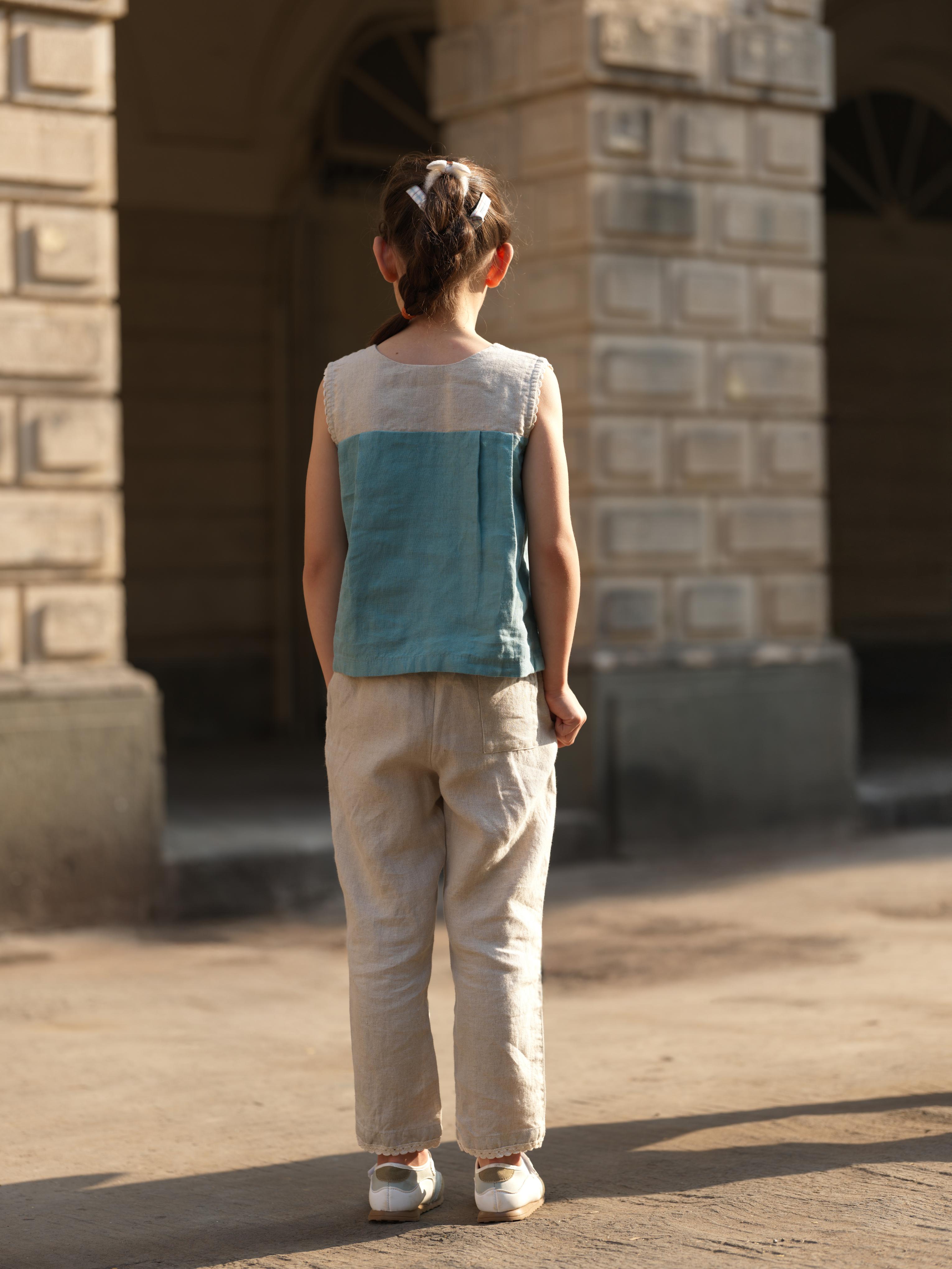 Girls Sleeveless Front Keyhole Top & Trousers Natural / Pine Green