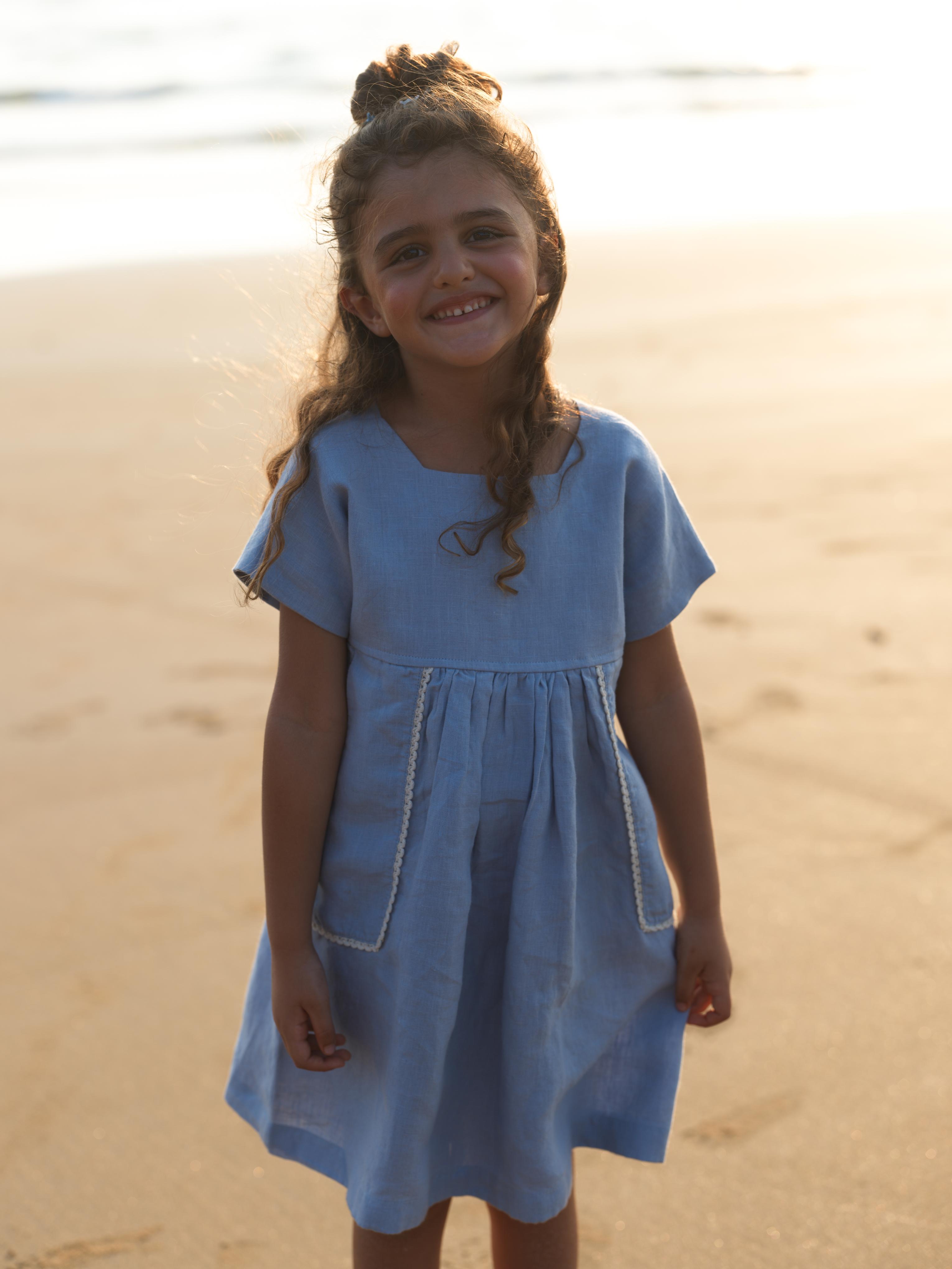 Girls Patch Pocket Tie-Back Dress Pacific Blue