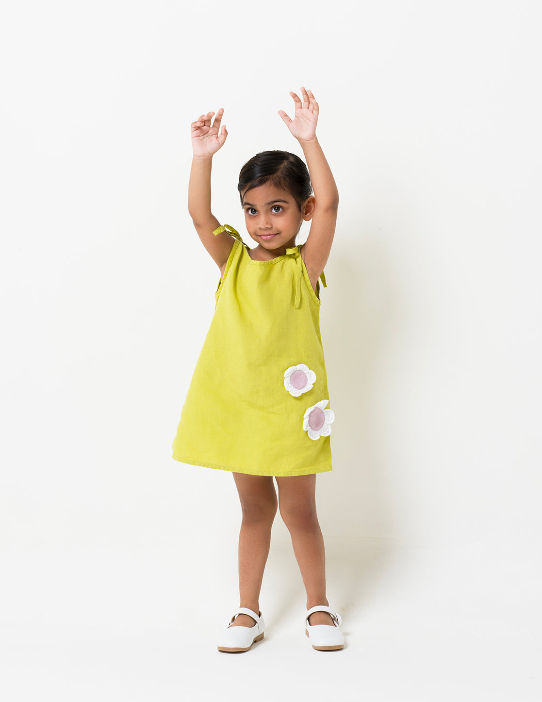 Lime Tie-Up Shoulder Flower Frock