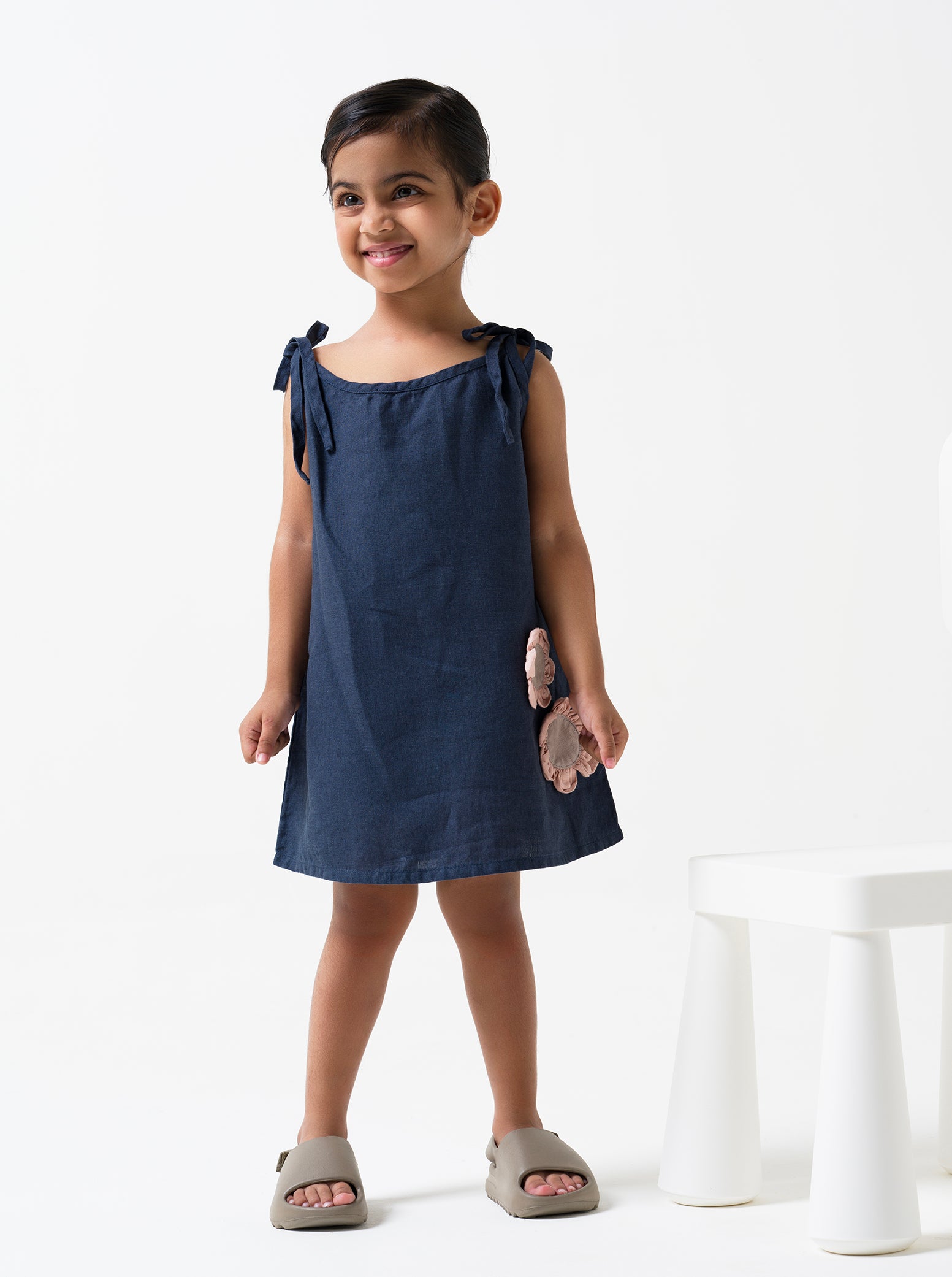Navy Blue Tie-Up Shoulder Flower Frock