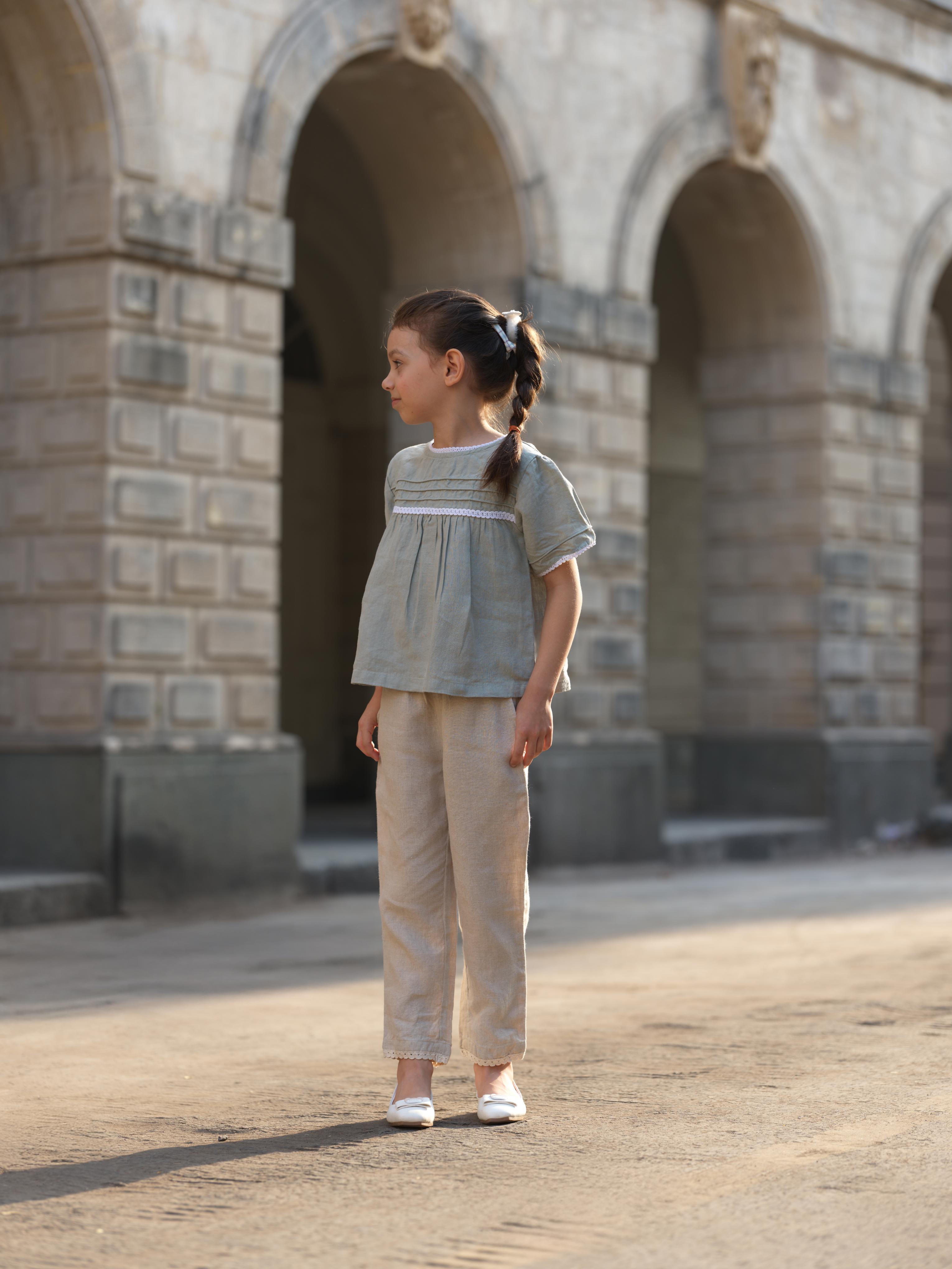 Girl Cord Piping Top & Trousers Co-ords set Mint Green / White