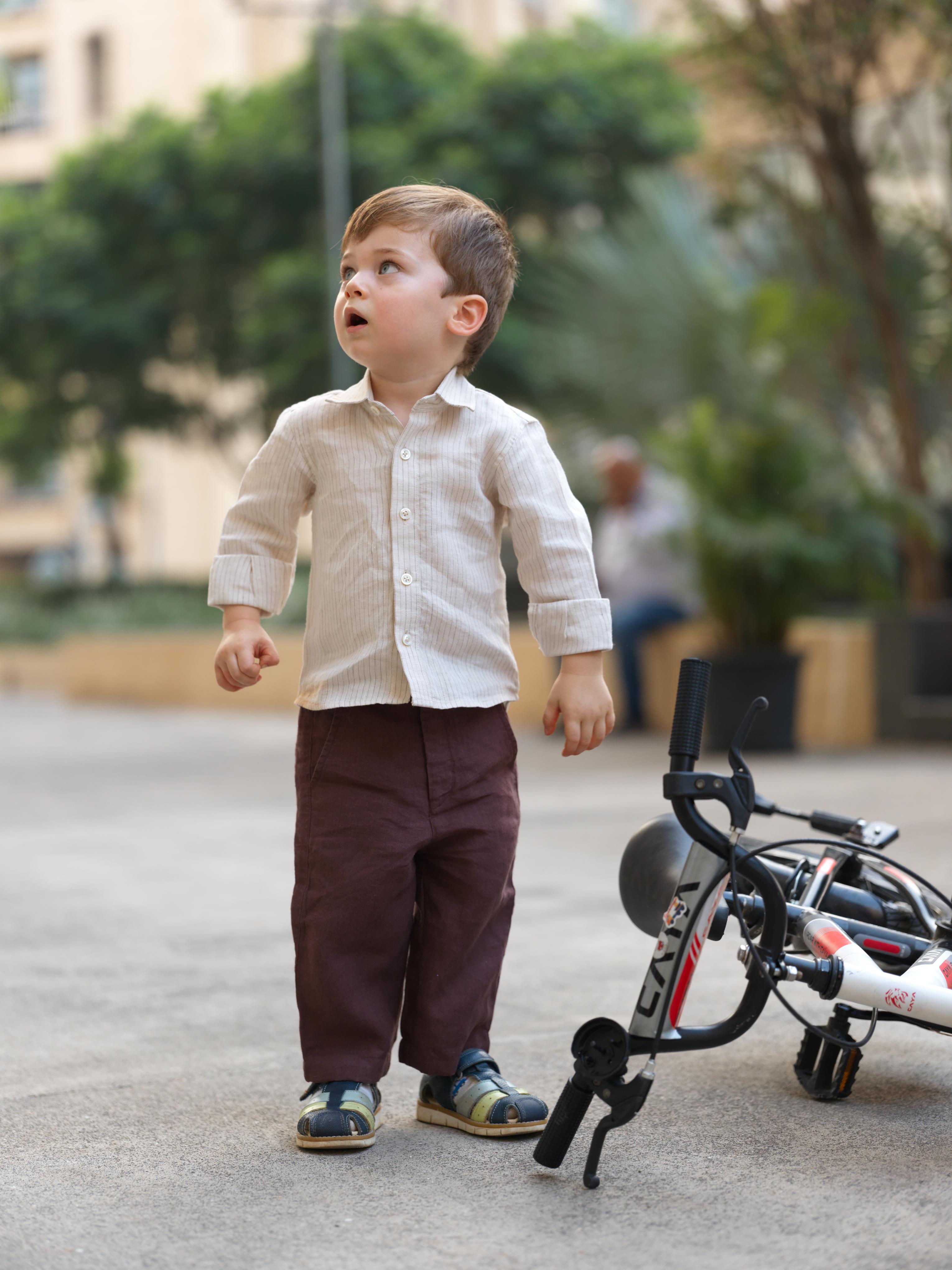 Boys Regular Collar Shirt Beige Lines