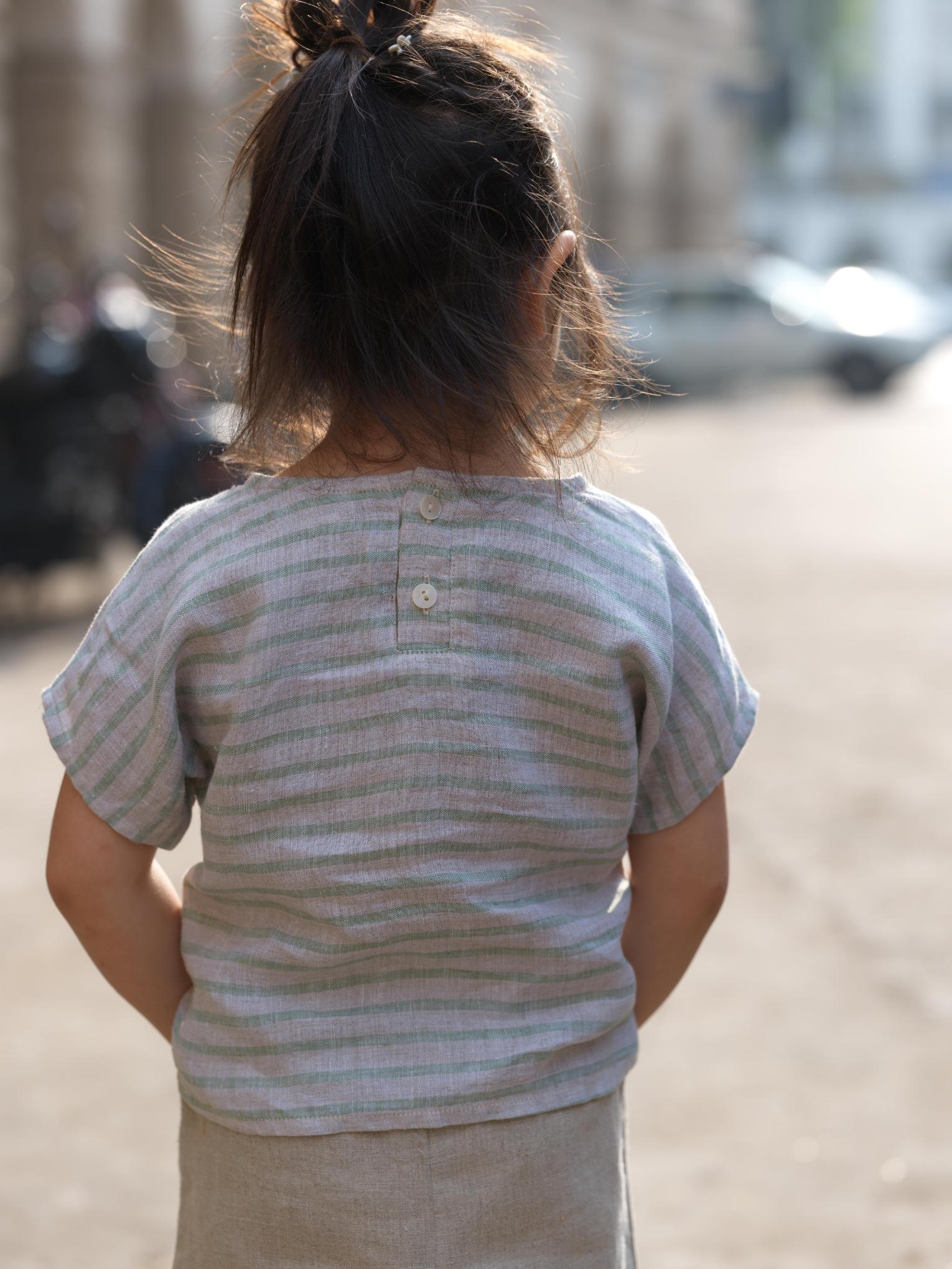 Girls Round Shoulder Top & Patch pocket Trousers Co-Ord set Sage Pencil Stripe / Natural swaps