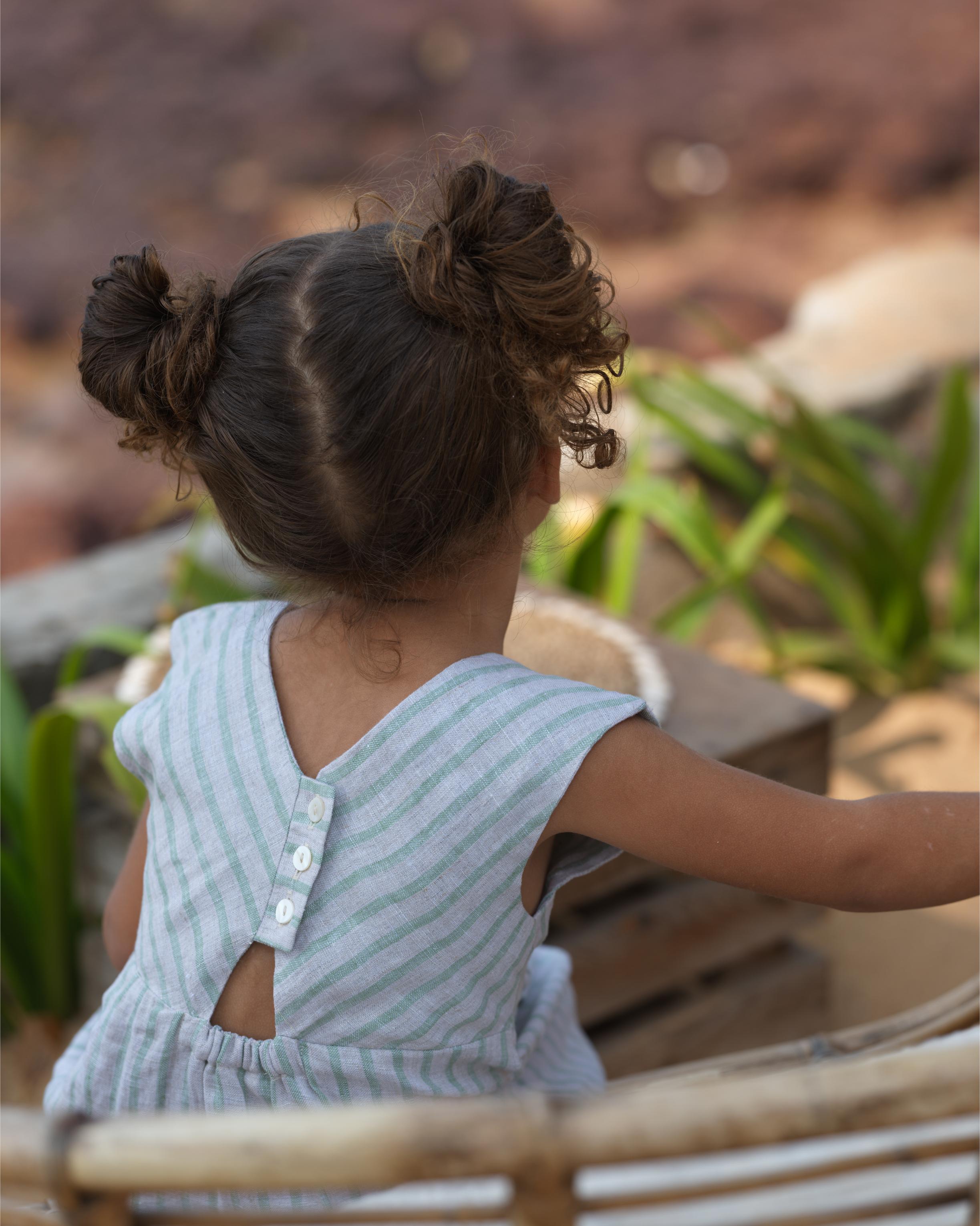 Girls Round Neck Back Opening Dress Sage Pencil Stripe