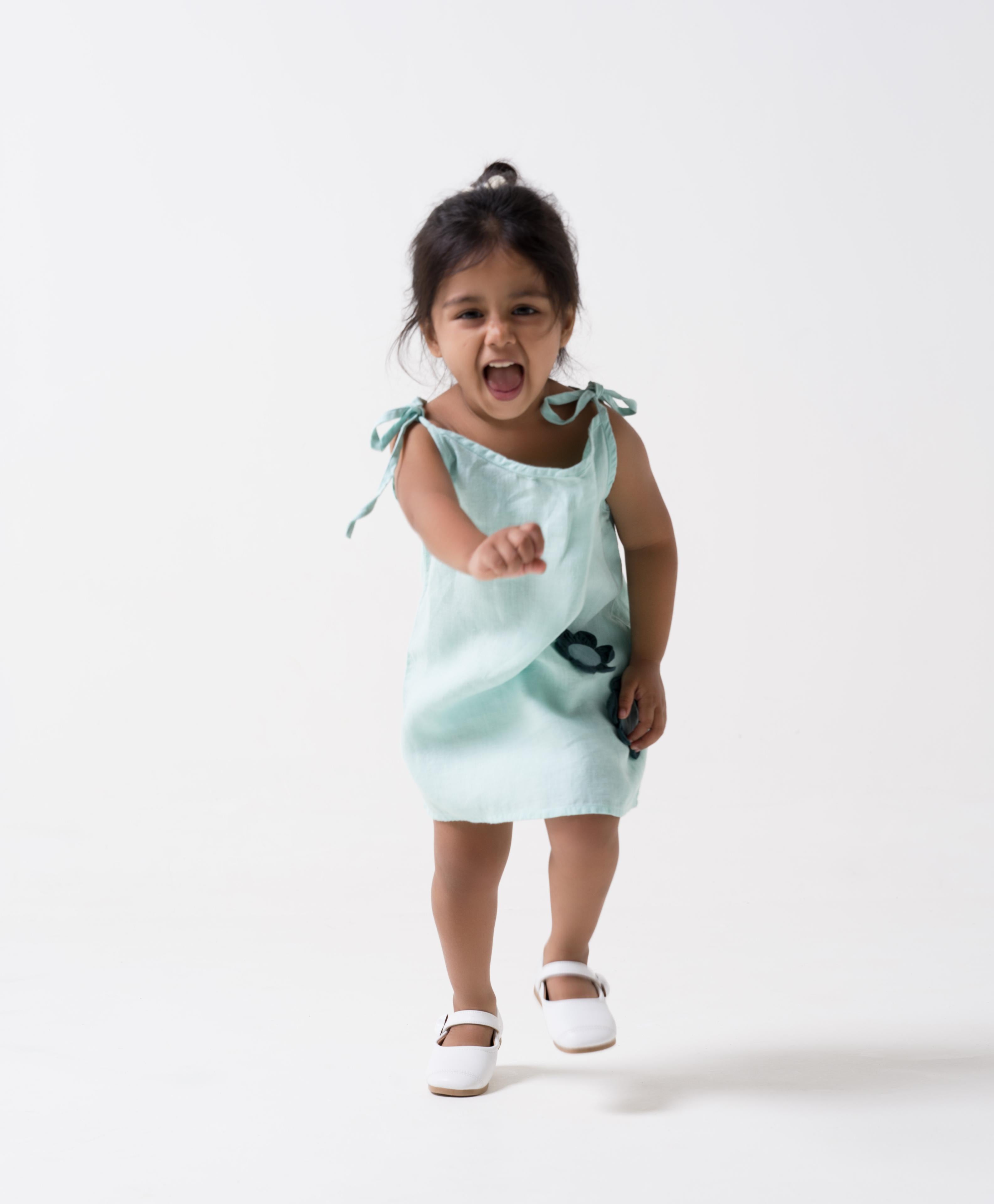 Celestial Green Tie-Up Shoulder Flower Frock