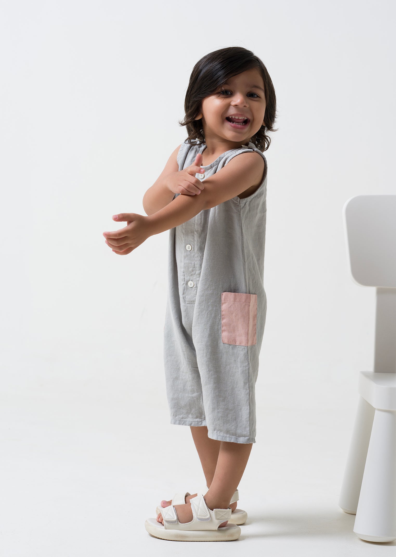 Patch Pocket Romper - Cloud Grey Pocket - Flamingo