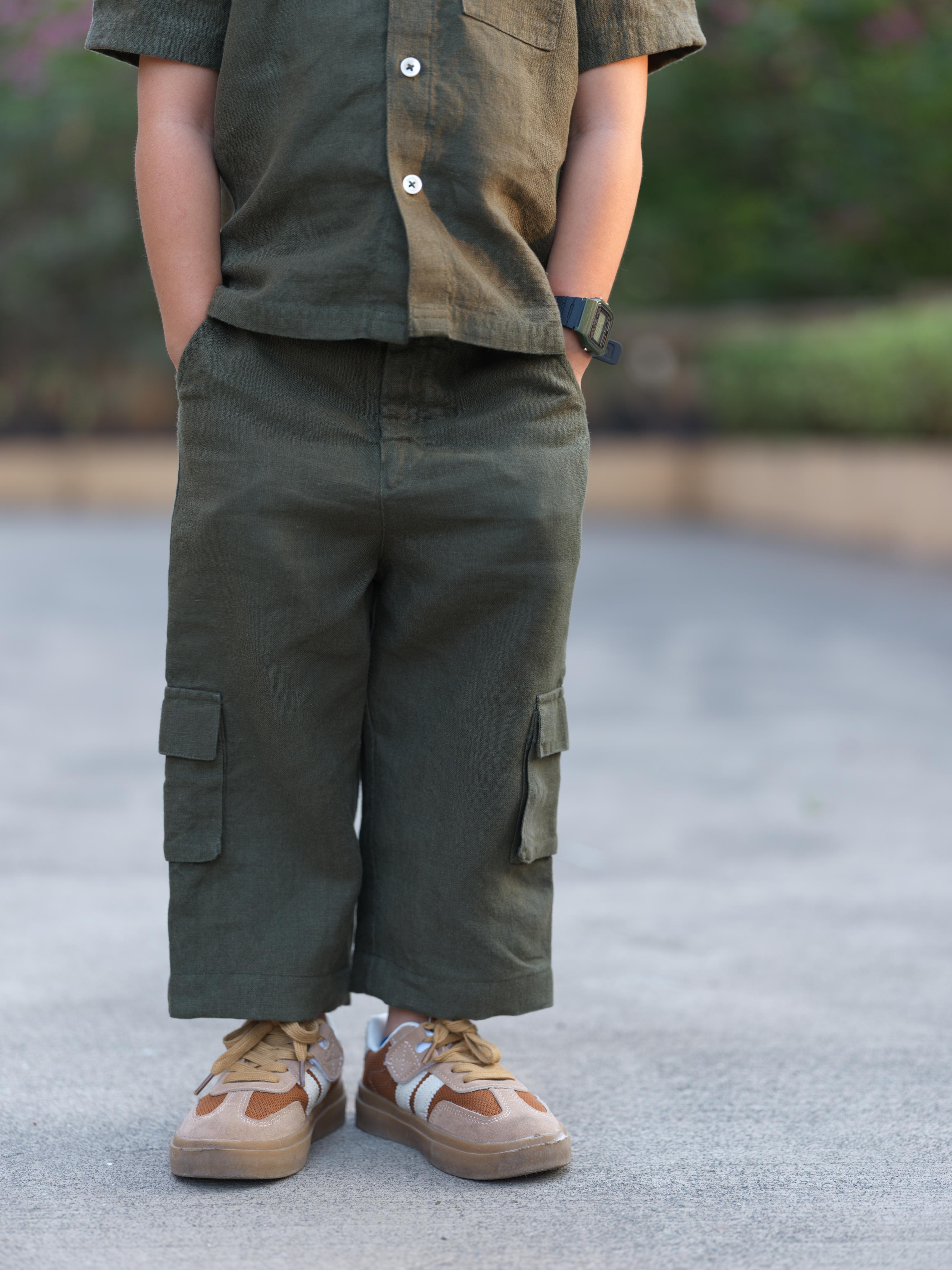 Boys Half-Sleeve Shirt & Cargo Trousers Co-Ord Moss Green