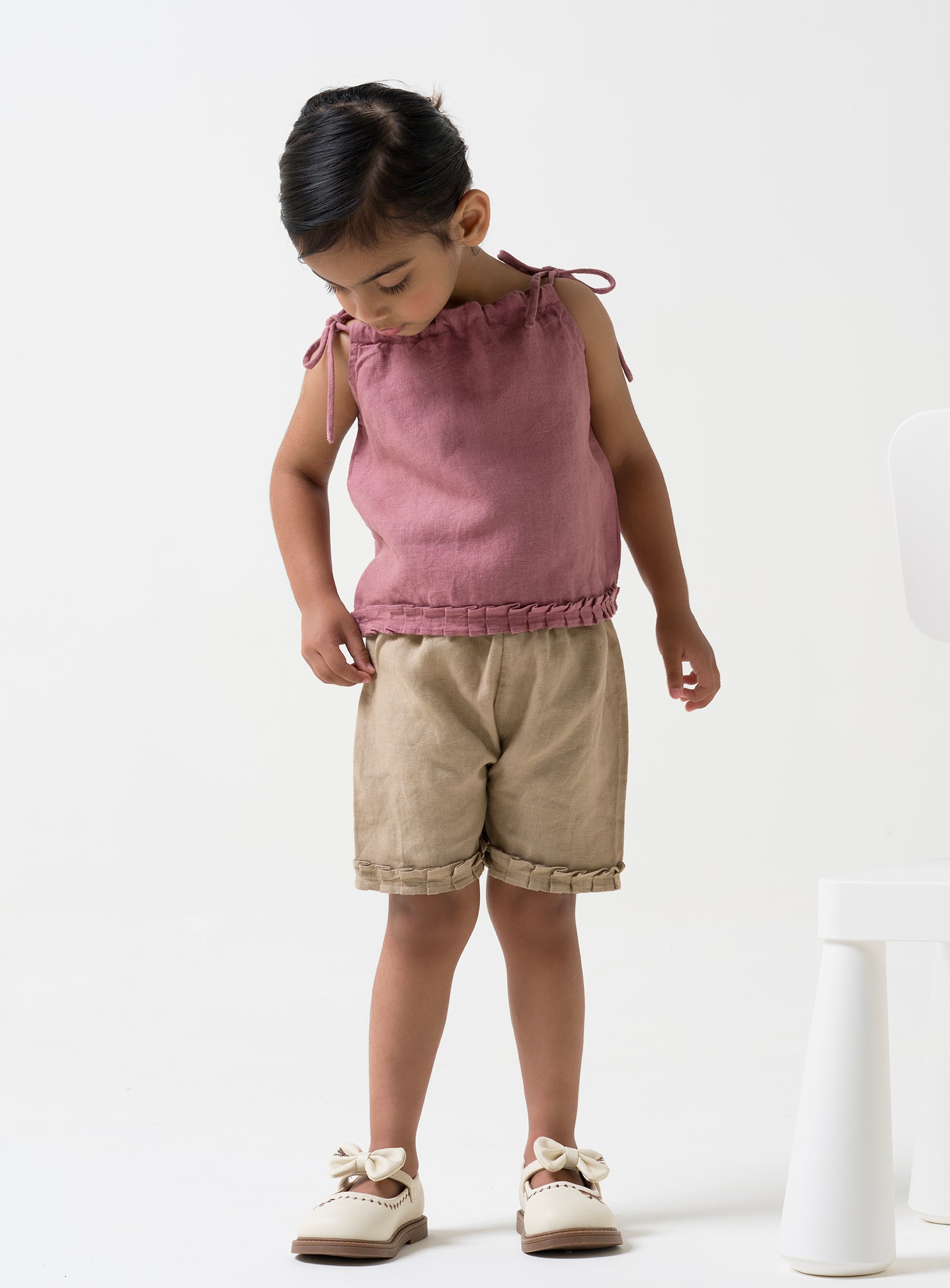 Linen Strap Ruffle Co-ords Set Top - Rose Gold B- Cookie & Cream