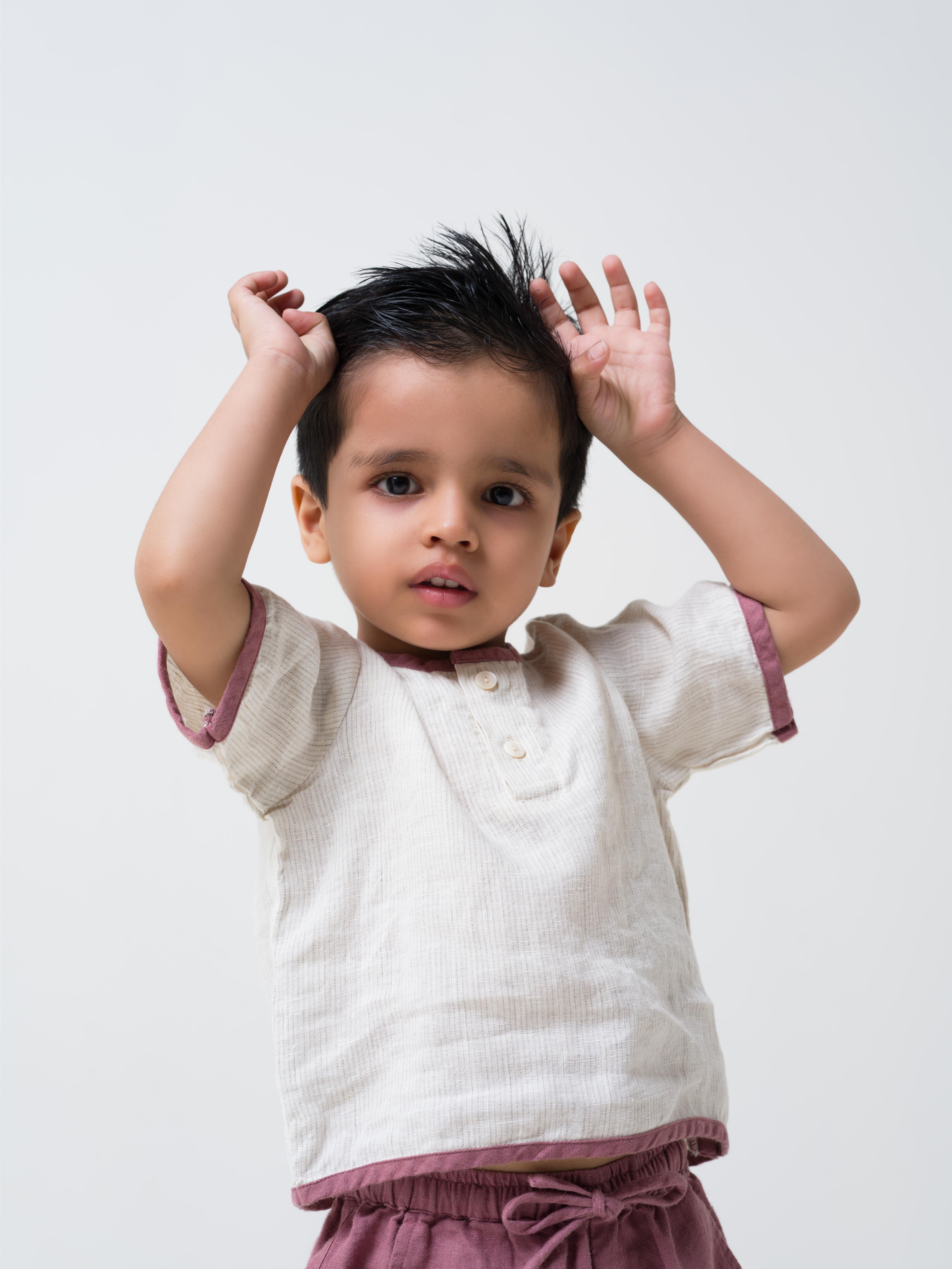 Drawstring Shorts & Shirt Set Shirt - Beige Hairline Stripe - Shorts Rose gold